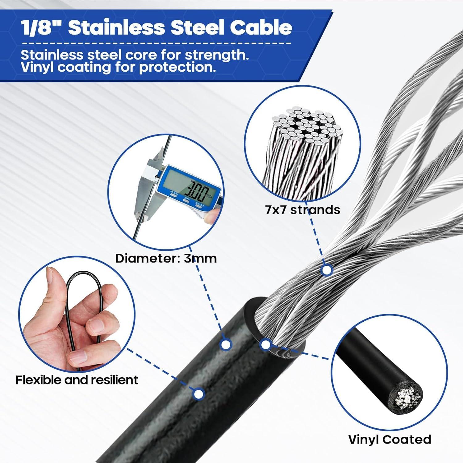 Kit de Cable de Acero Inoxidable 1/8 TooTaci 30.48m Vinilo Negro