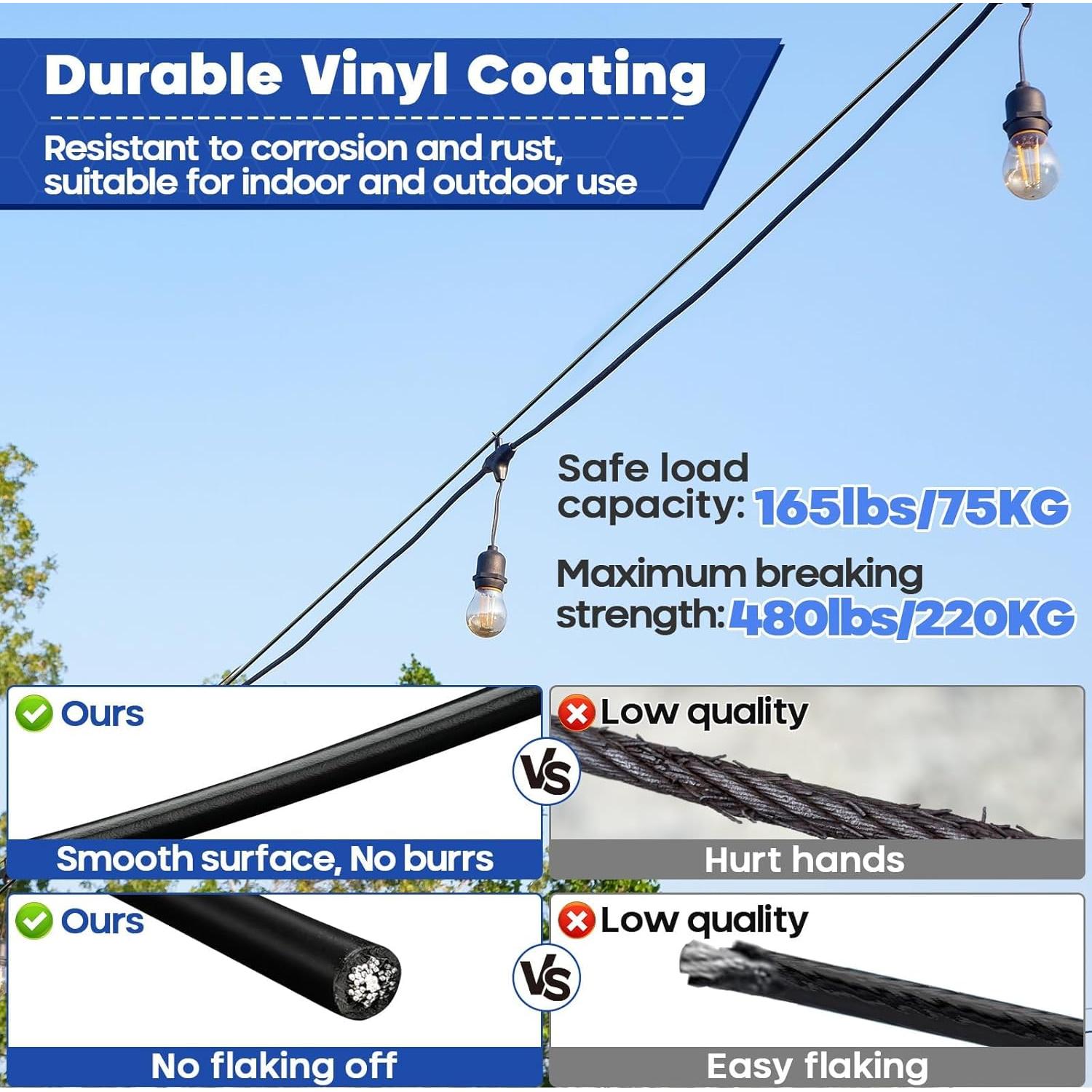 Kit de Cable de Acero Inoxidable 1/8 TooTaci 30.48m Vinilo Negro