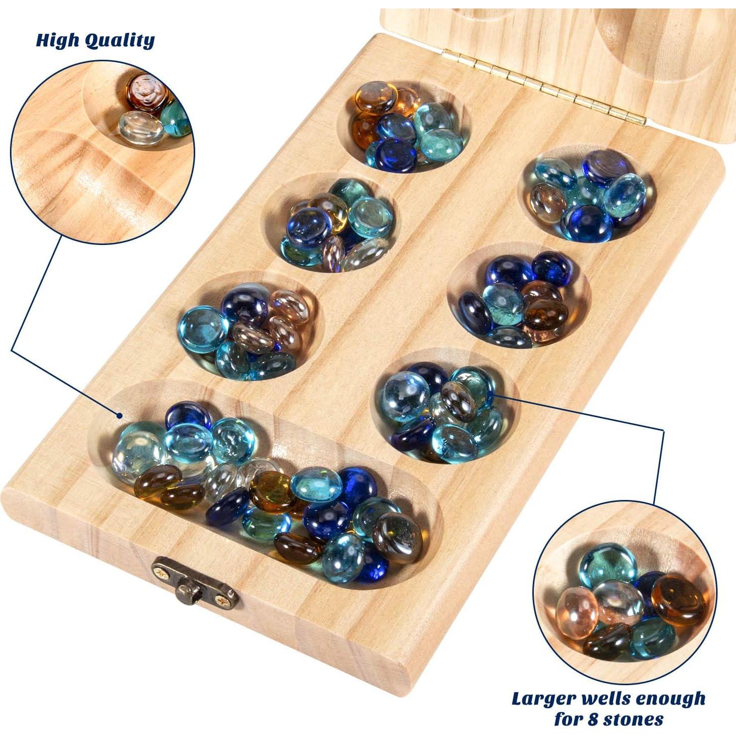 Juego de Mesa Mancala Plegable AMEROUS - Madera y Piedras de Vidrio