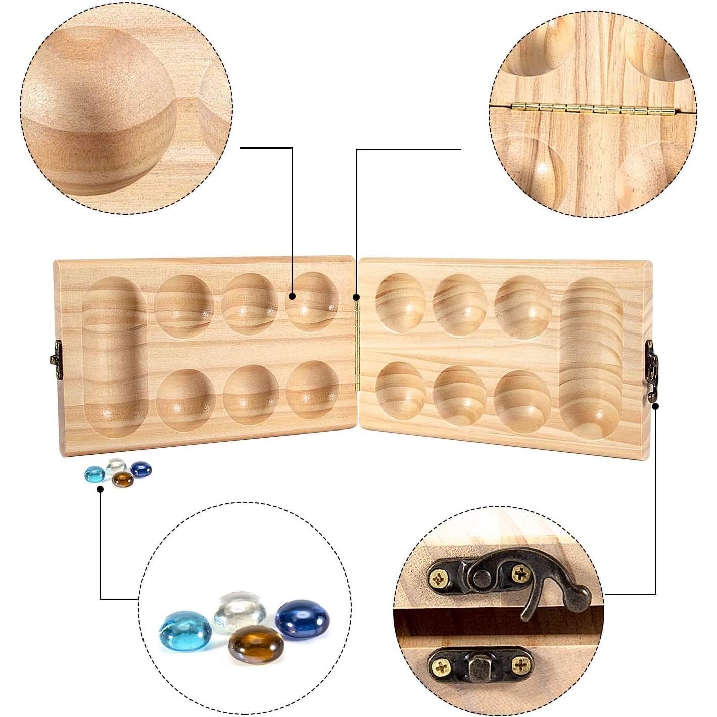 Juego de Mesa Mancala Plegable AMEROUS - Madera y Piedras de Vidrio