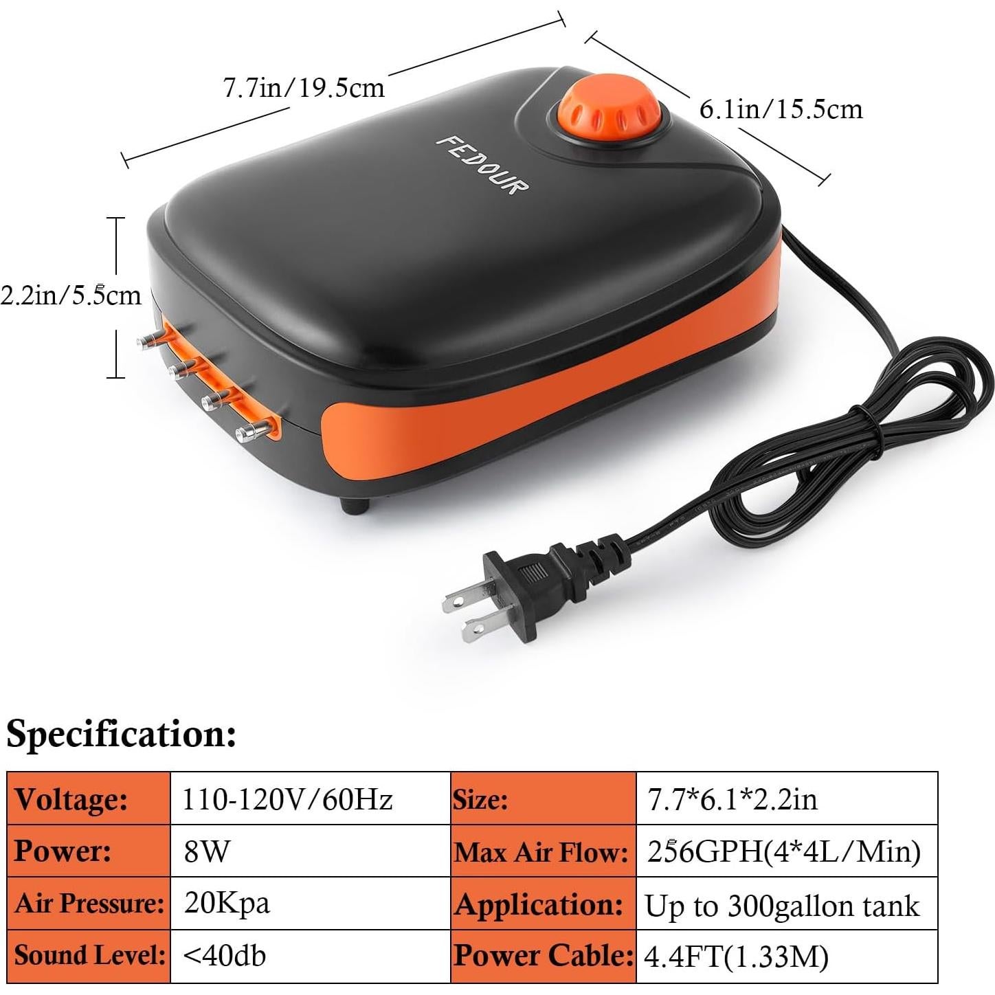 Bomba de Aire Eléctrica FEDOUR 4 Salidas 8W para Acuario 1135L