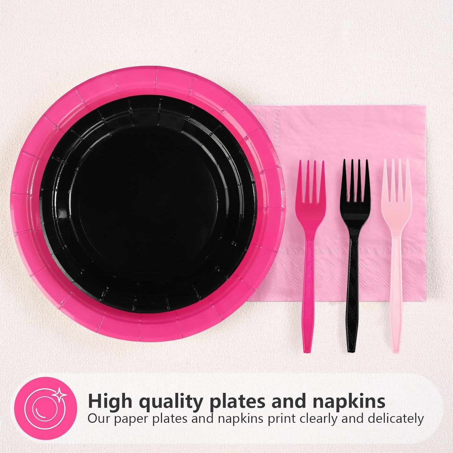 Juego de Platos Desechables Rosa y Negro Grencian 96 Pcs