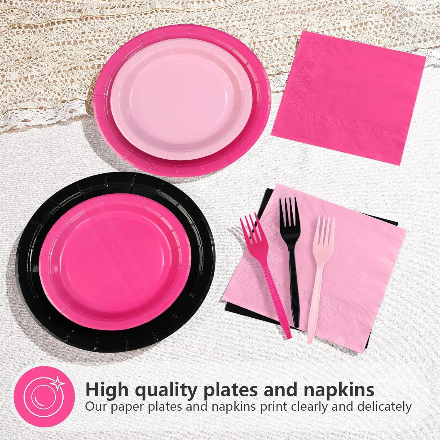 Juego de Platos Desechables Rosa y Negro Grencian 96 Pcs