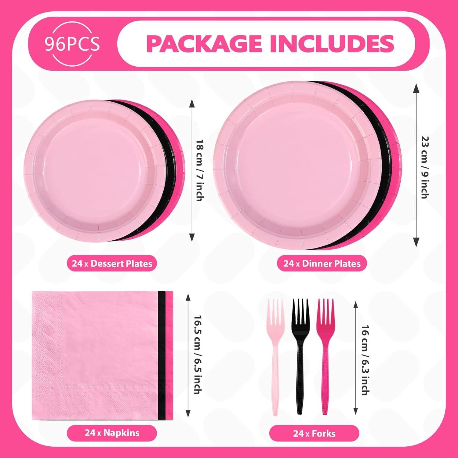 Juego de Platos Desechables Rosa y Negro Grencian 96 Pcs
