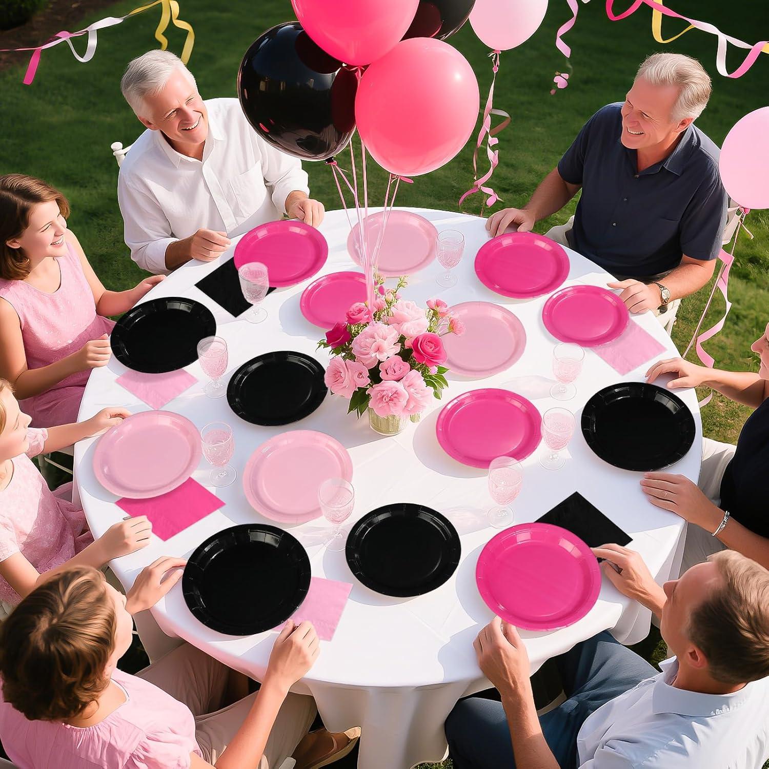 Juego de Platos Desechables Rosa y Negro Grencian 96 Pcs