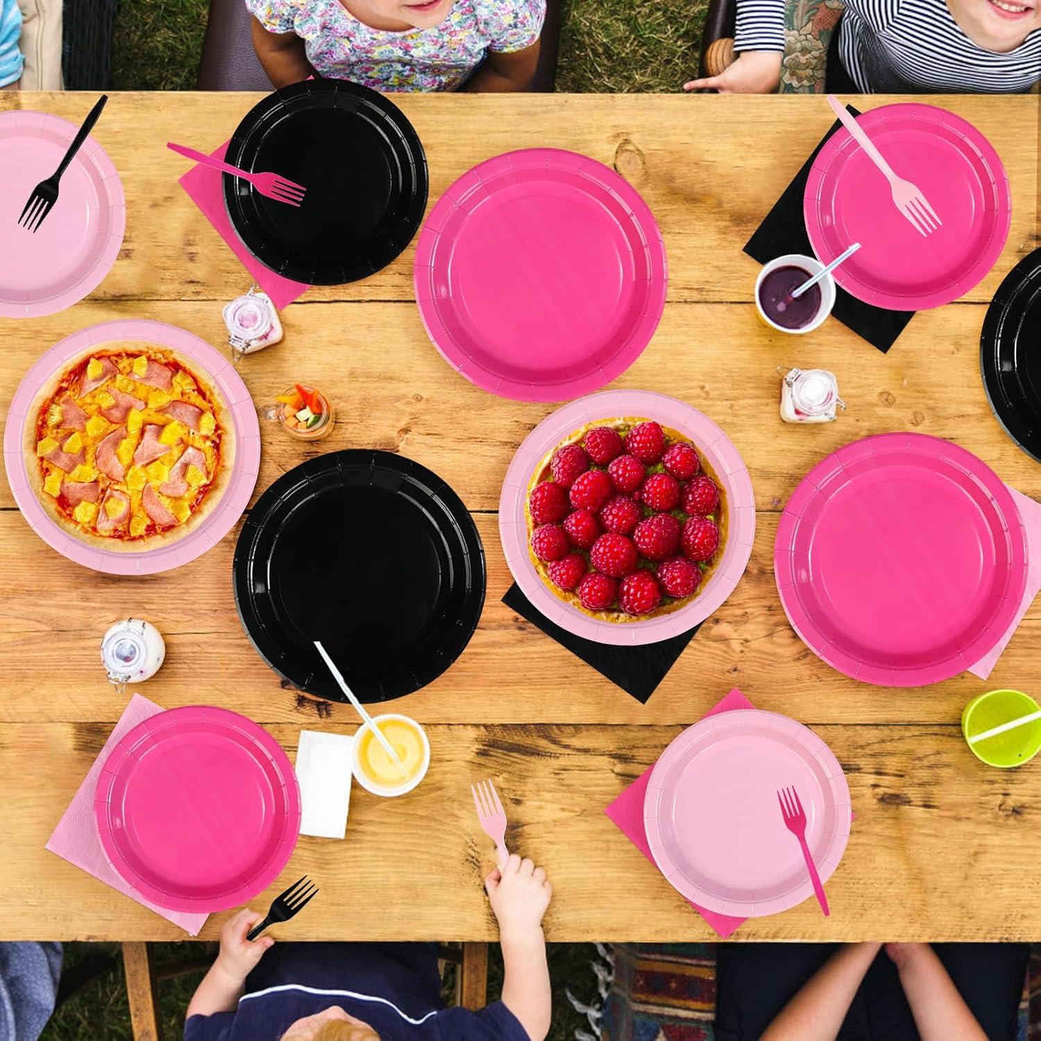 Juego de Platos Desechables Rosa y Negro Grencian 96 Pcs