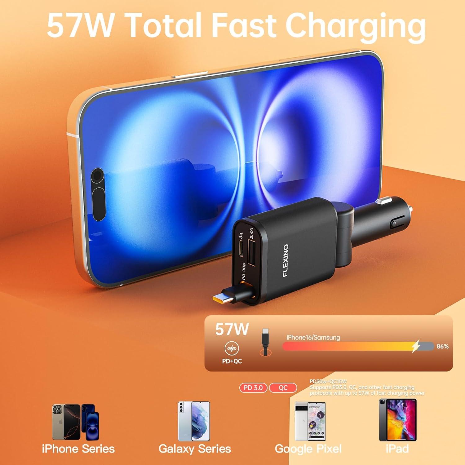 Cargador de Coche Flexino Retráctil 57W USB-C iPhone 16/15