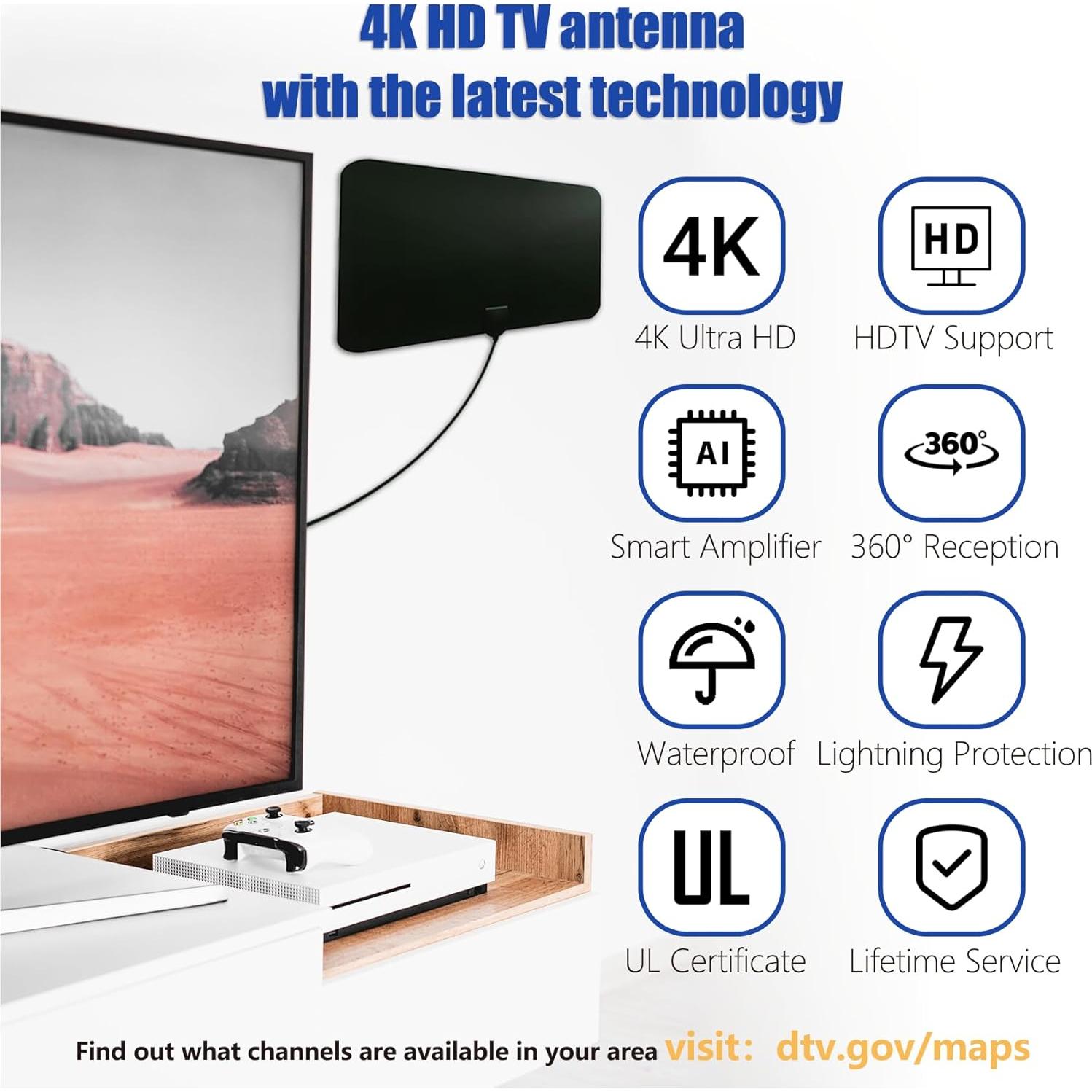 Antena de TV 4K HD Merryan Amplificada 360° 563 km