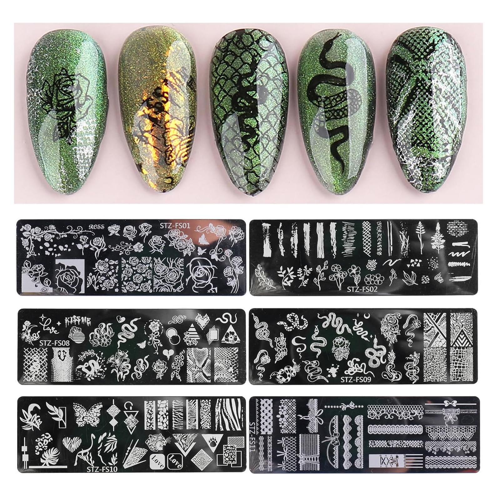 6 Plantillas de Estampado de Uñas GCSQW - Acero Inoxidable 12x4cm