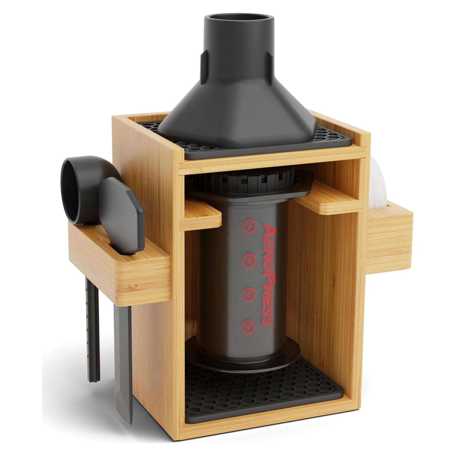 Soporte Organizador AeroPress HEXNUB de Bambú - Alfombrillas Negras