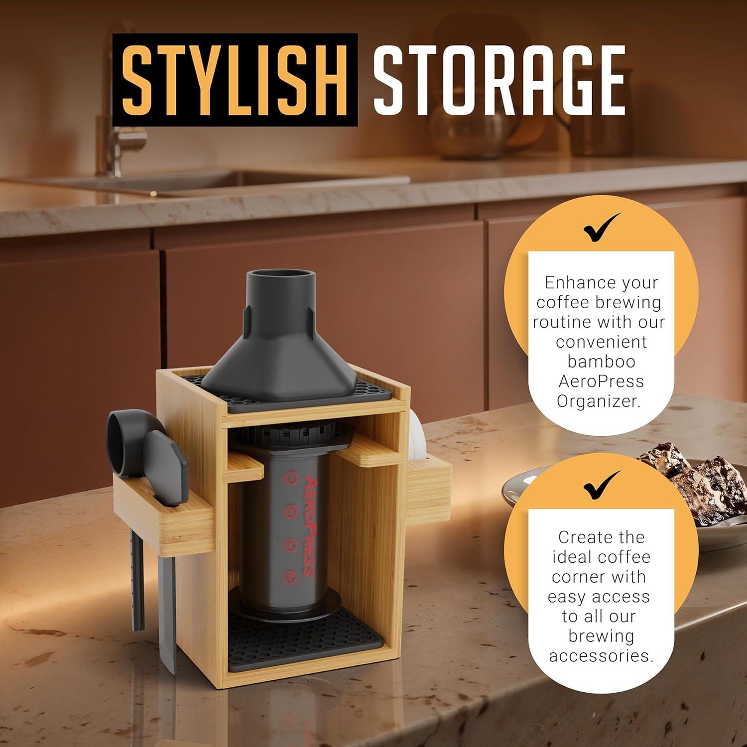 Soporte Organizador AeroPress HEXNUB de Bambú - Alfombrillas Negras