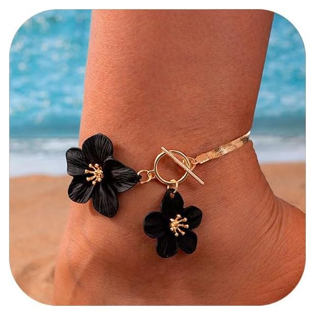 Tobillera Floral Boho para Mujeres - Pulsera de Tobillo Negra