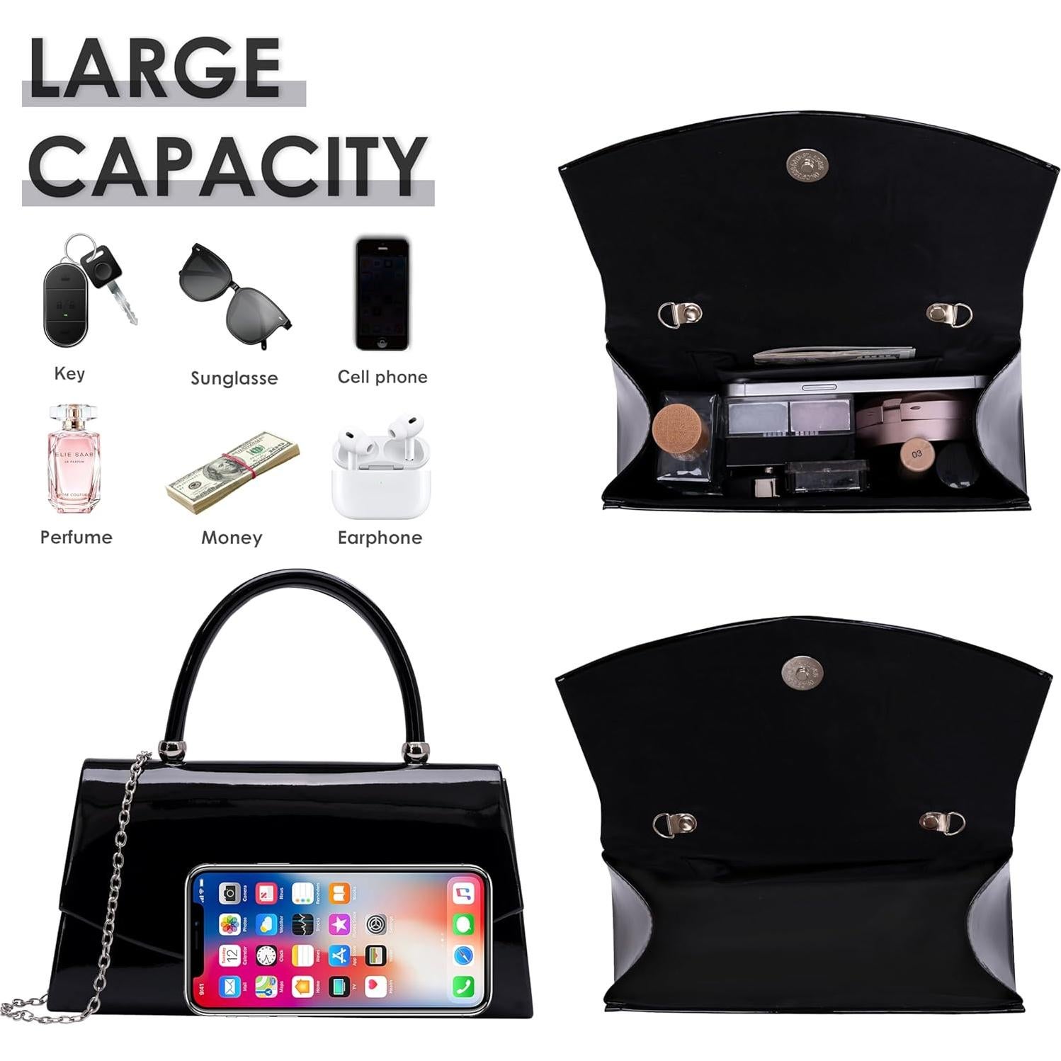 Bolso de Noche Larcenciel para Mujeres, Clutch Brillante Negro