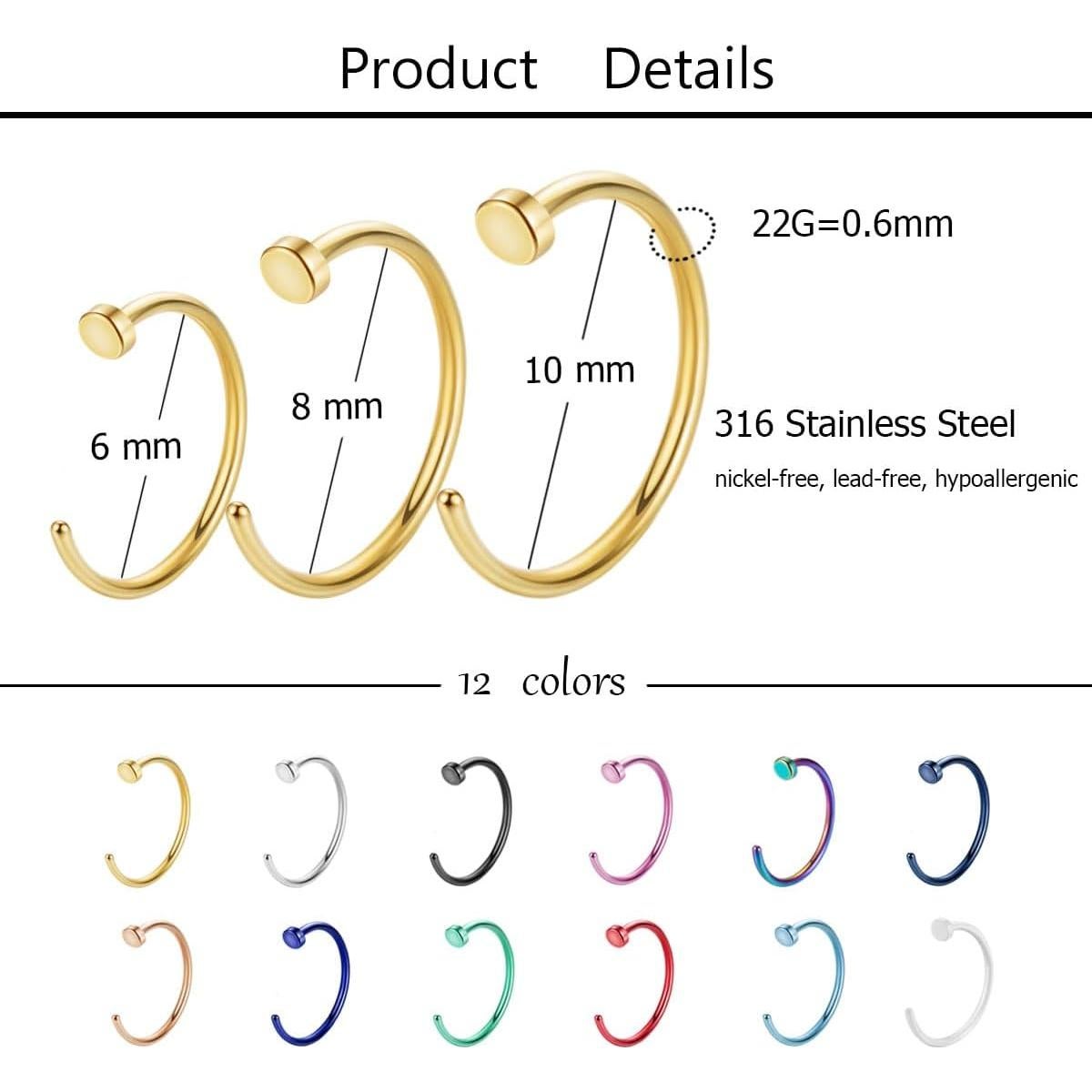 Juego de Aros de Nariz Acero Inoxidable 22G 36 Piezas Multicolor