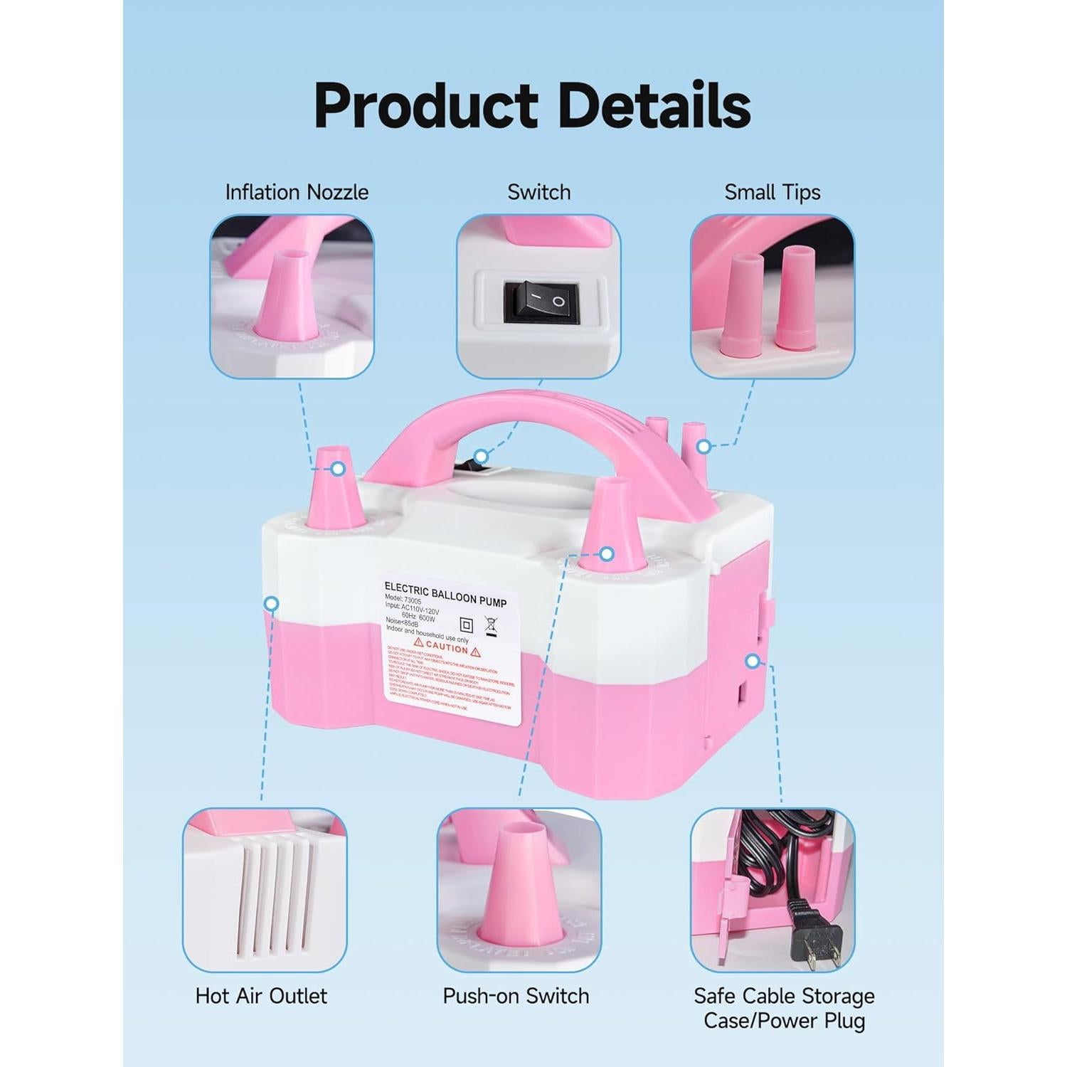 Bomba de Globo Eléctrica STMOUTUO 600W Rosa Inflación Rápida