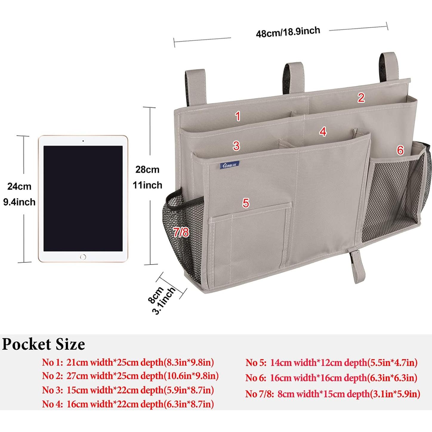 Caddy de Cama Surblue Organizador Colgante 8 Bolsillos Gris