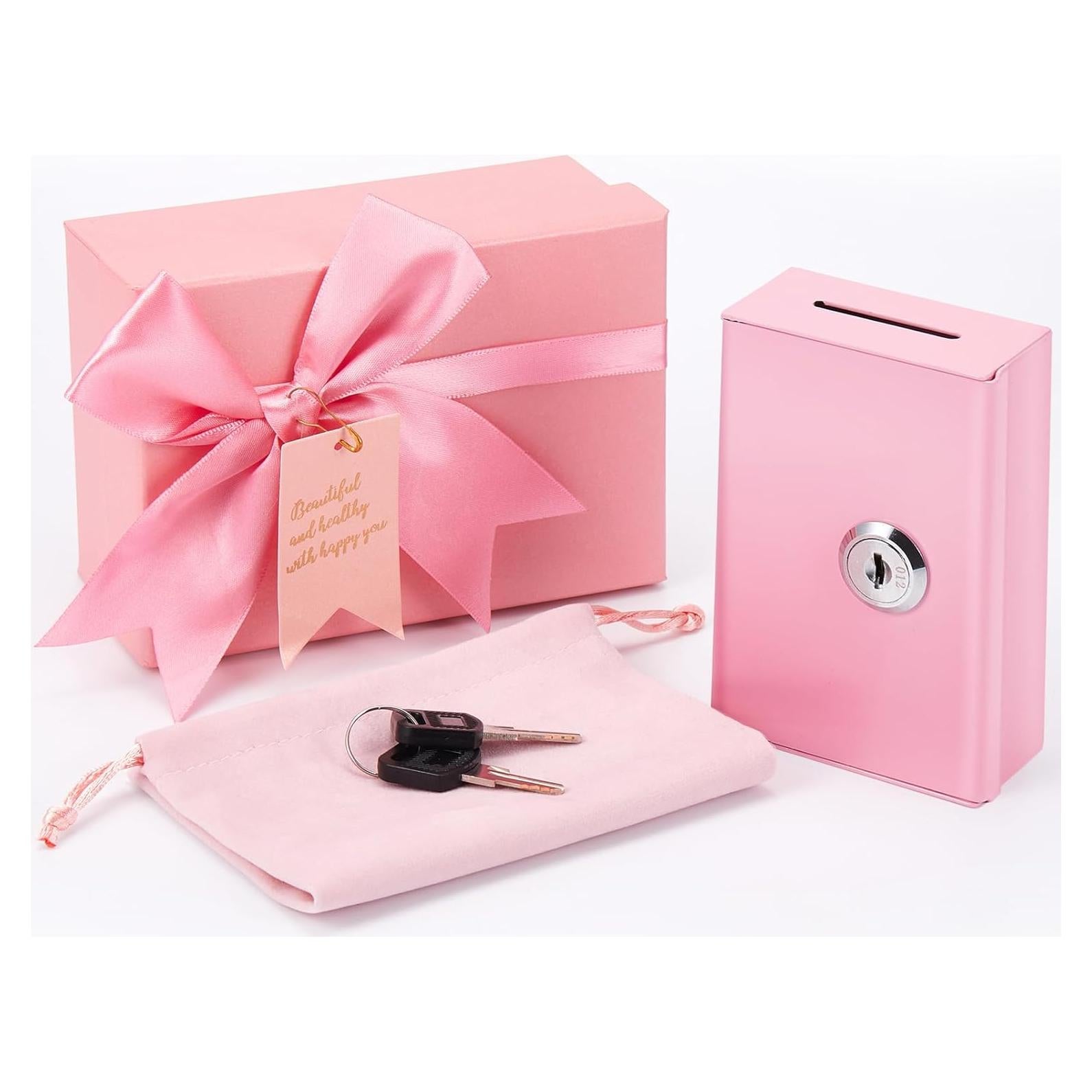 Caja de Dinero de Metal CroBlissful Rosa con Llave y Bolsa