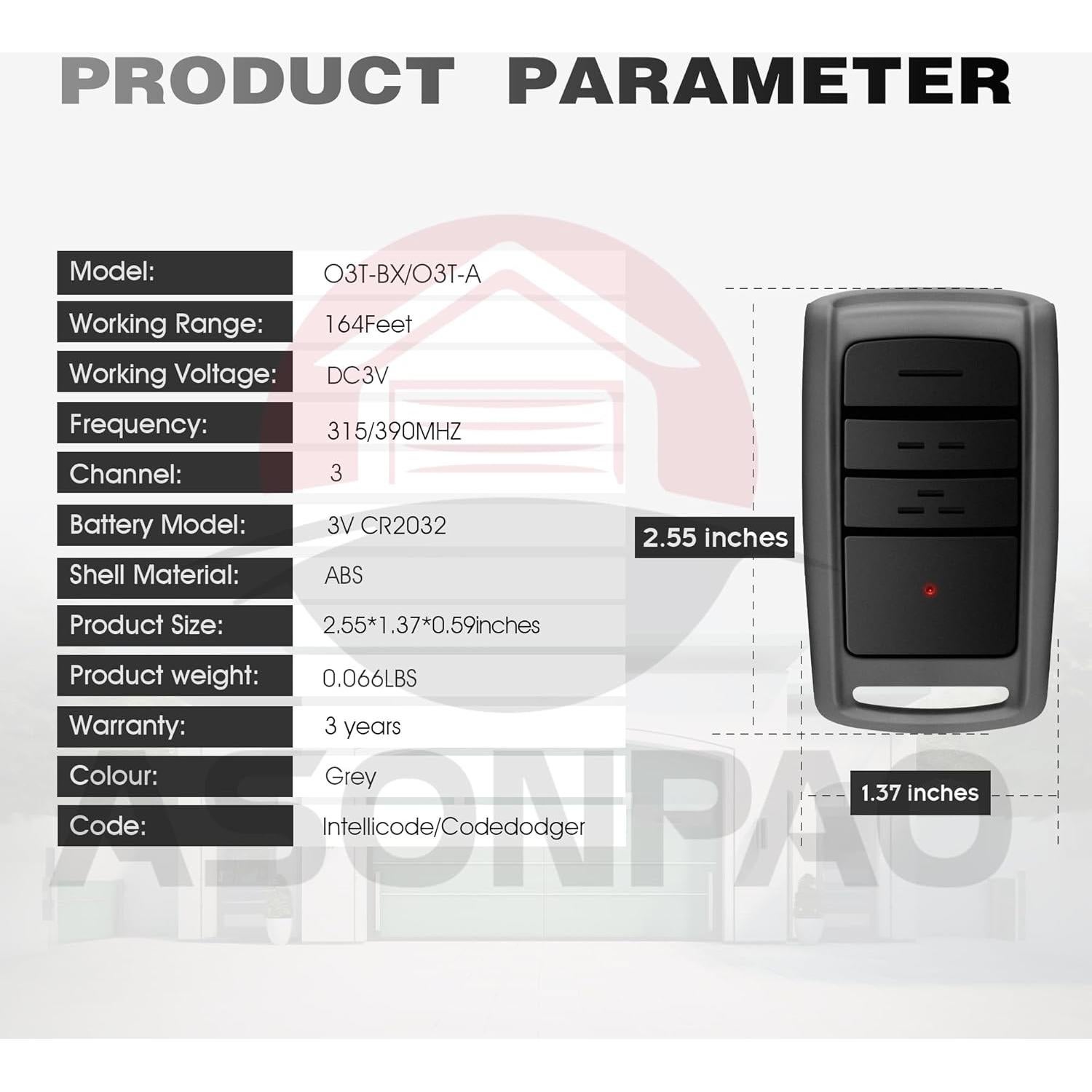 Control Remoto Universal ASONPAO O3T-BX para Puertas de Garaje