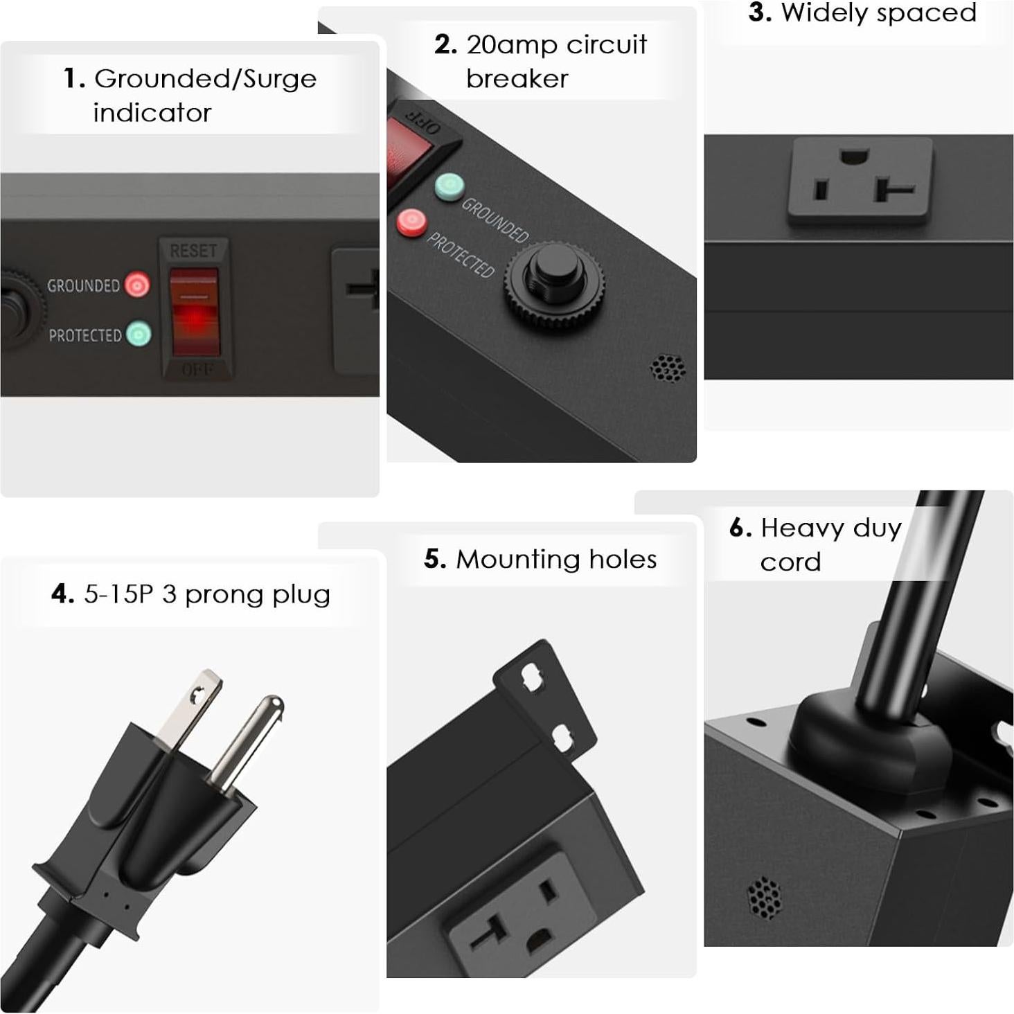 Regleta de Metal JUNNUJ 16 Salidas 20A 4800J 4FT Negra