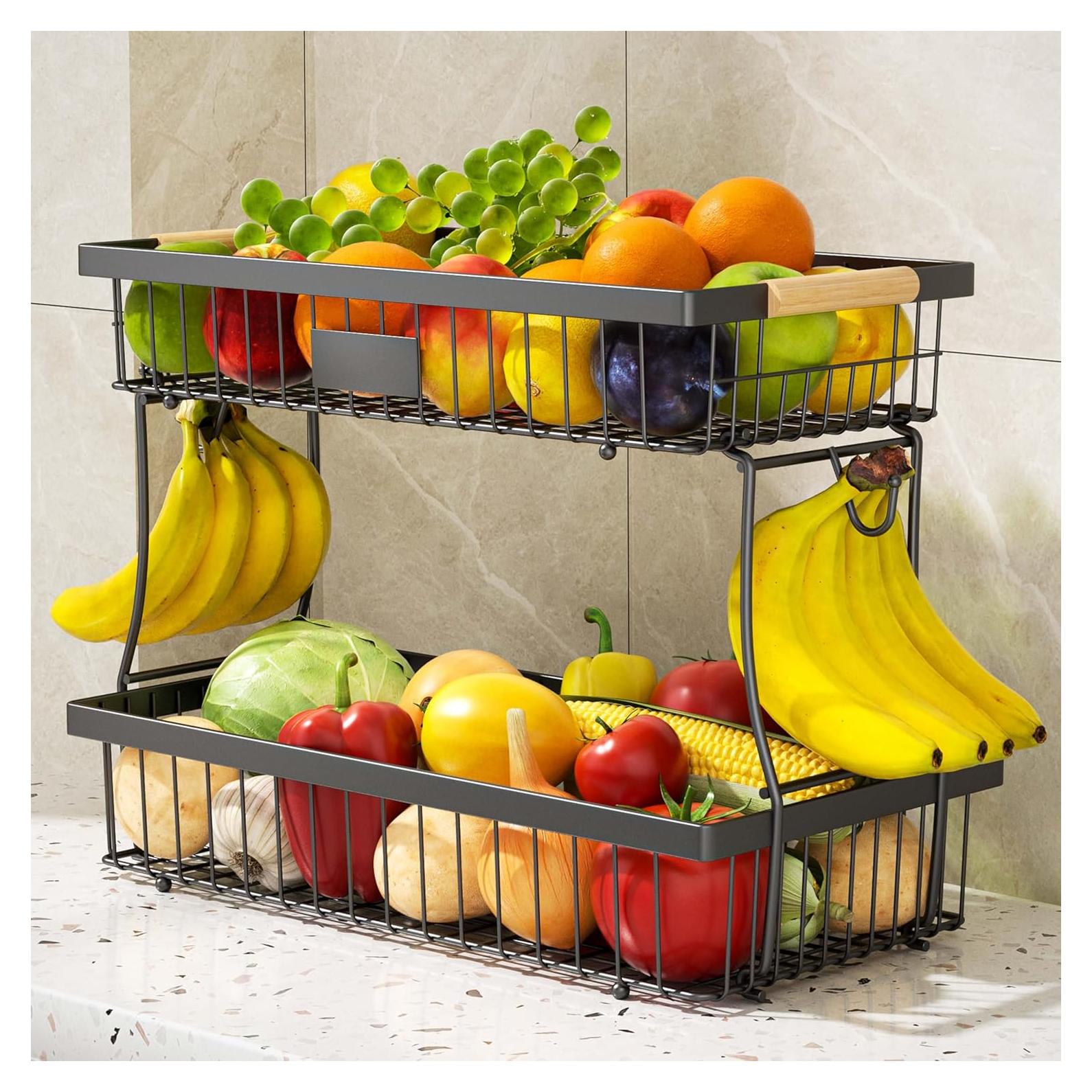 Cesta de Frutas de 2 Niveles Vanzbon - Soporte de Cocina Negro