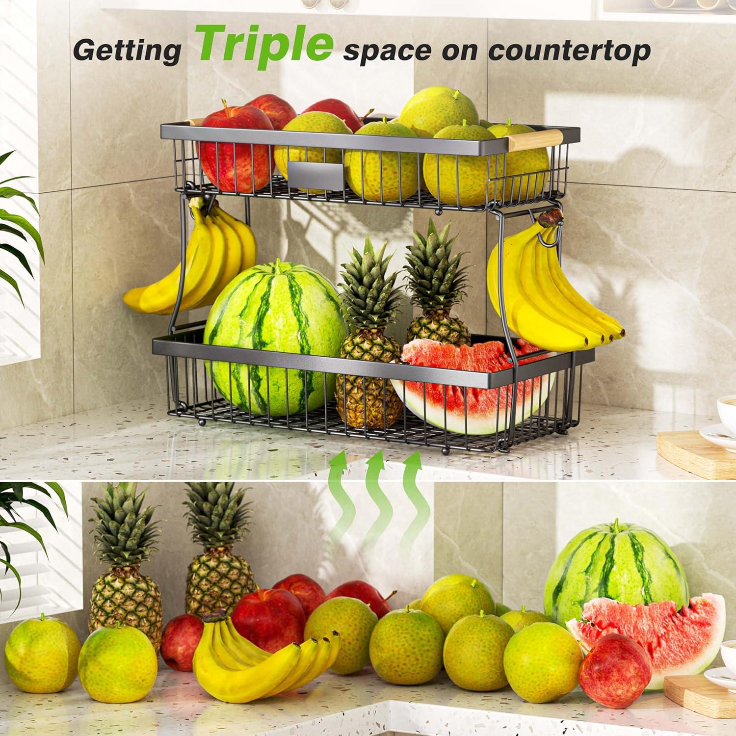 Cesta de Frutas de 2 Niveles Vanzbon - Soporte de Cocina Negro