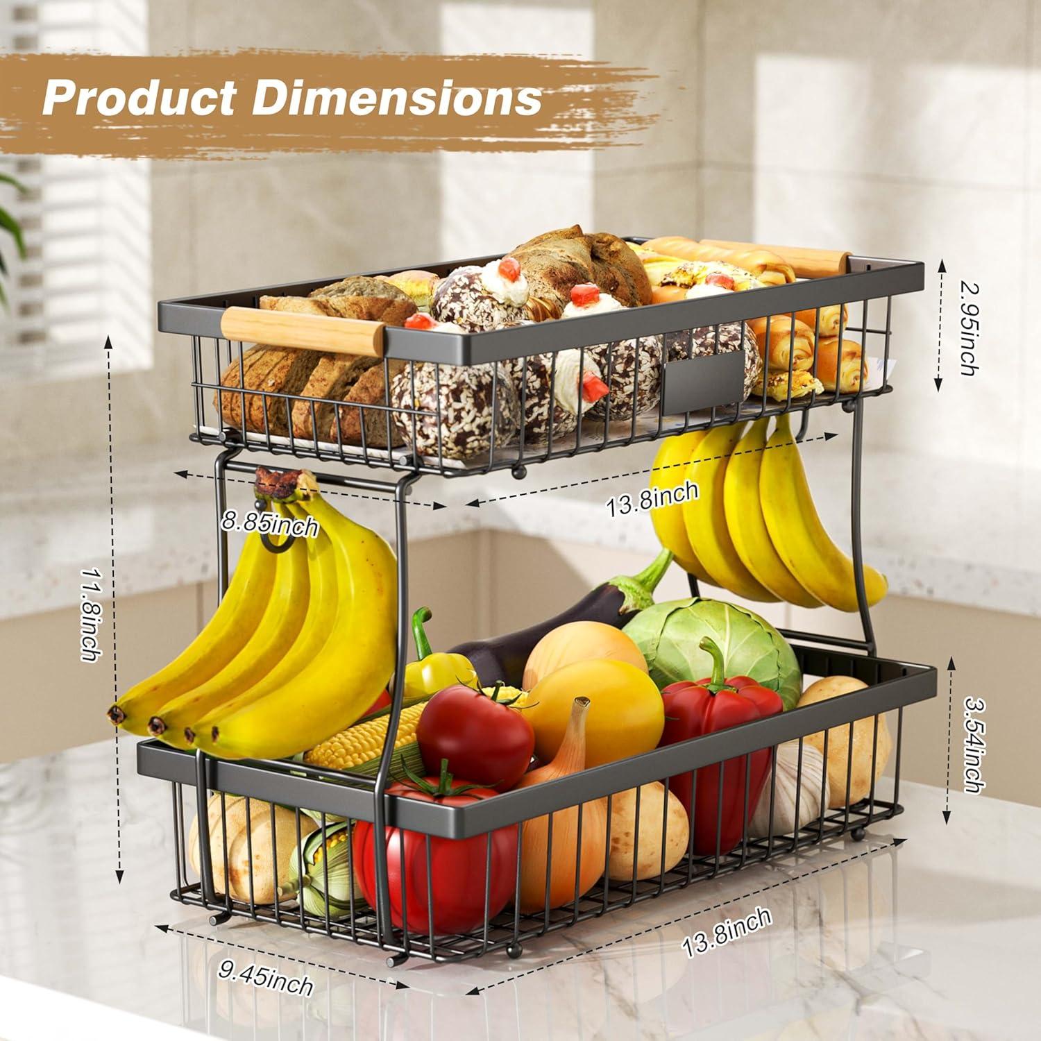 Cesta de Frutas de 2 Niveles Vanzbon - Soporte de Cocina Negro