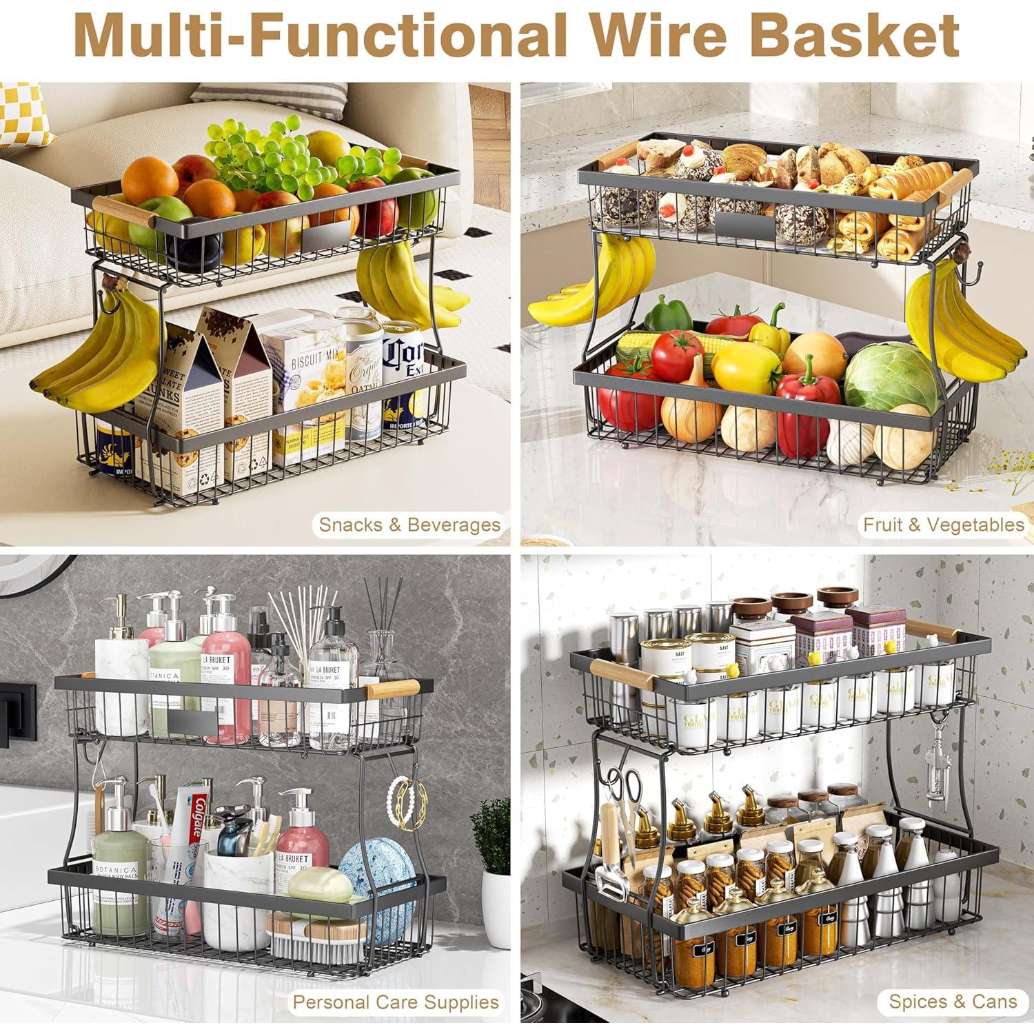 Cesta de Frutas de 2 Niveles Vanzbon - Soporte de Cocina Negro