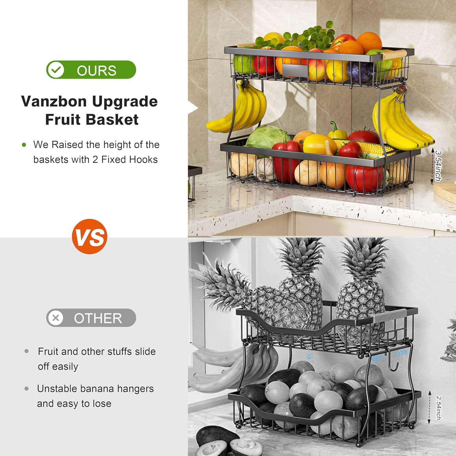 Cesta de Frutas de 2 Niveles Vanzbon - Soporte de Cocina Negro