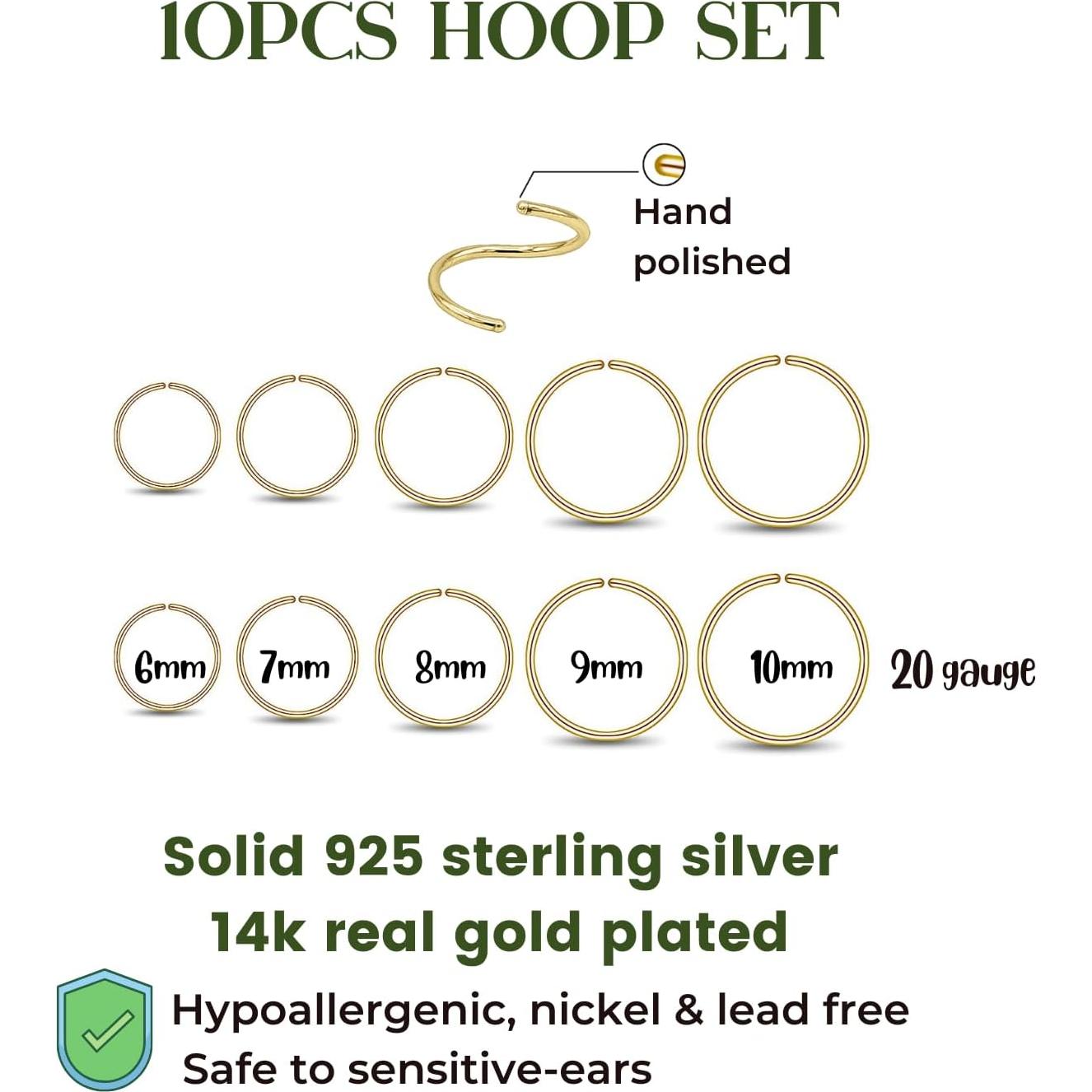 Juego de 10 Aros de Nariz de Plata Esterlina 925 Hipoalergénicos