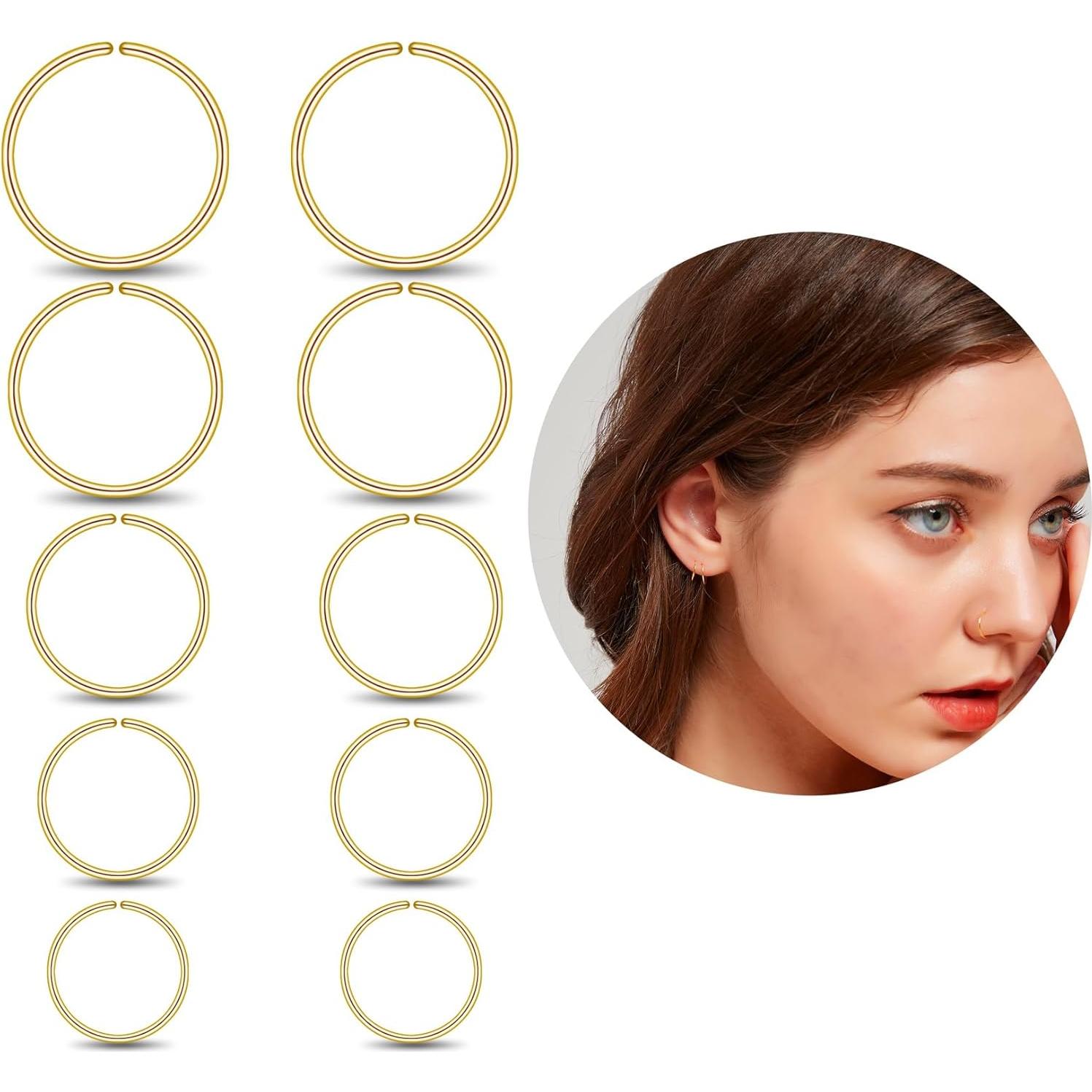 Juego de 10 Aros de Nariz de Plata Esterlina 925 Hipoalergénicos