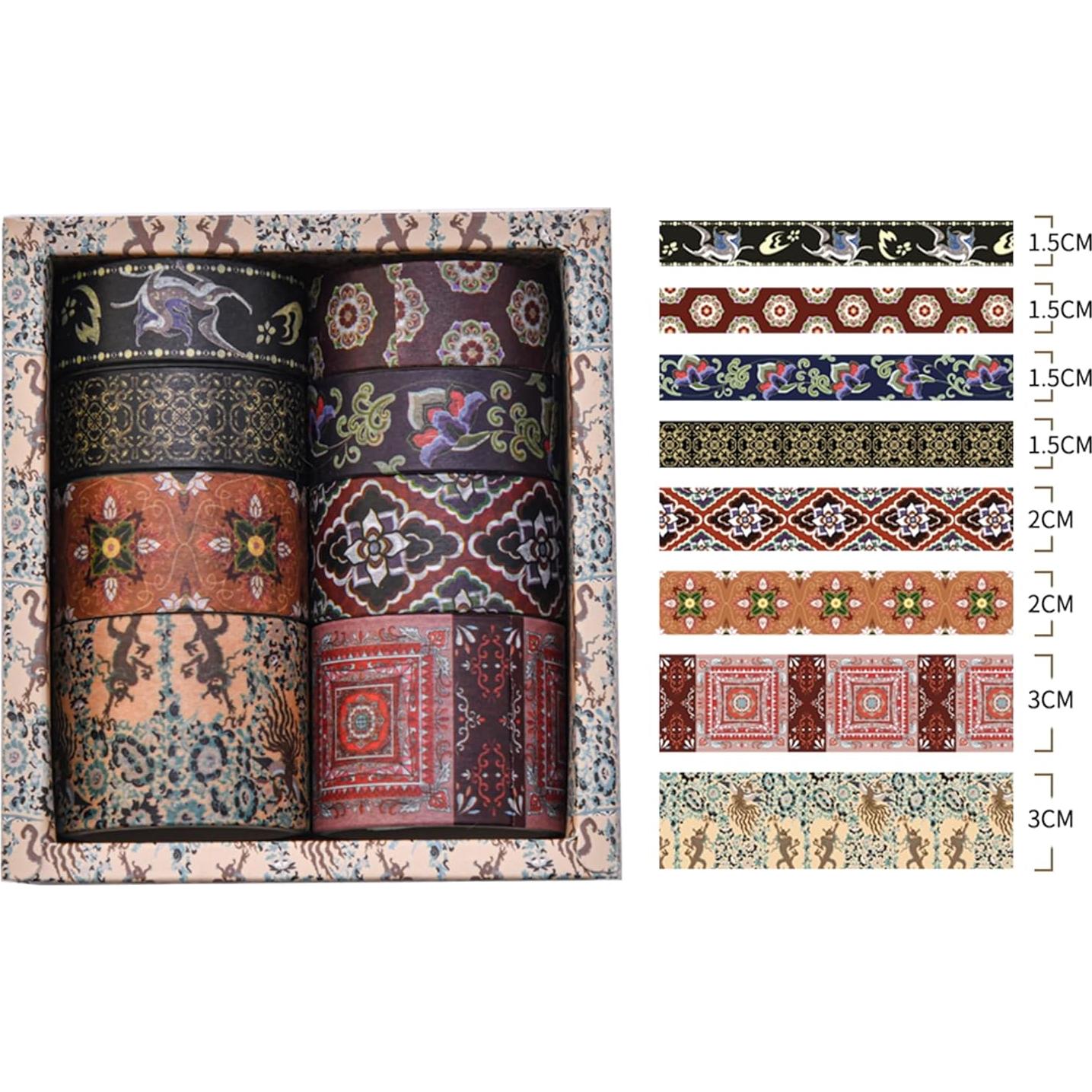 Juego de 8 Rollos de Cinta Washi Retro Vintage 30mm 20mm 15mm