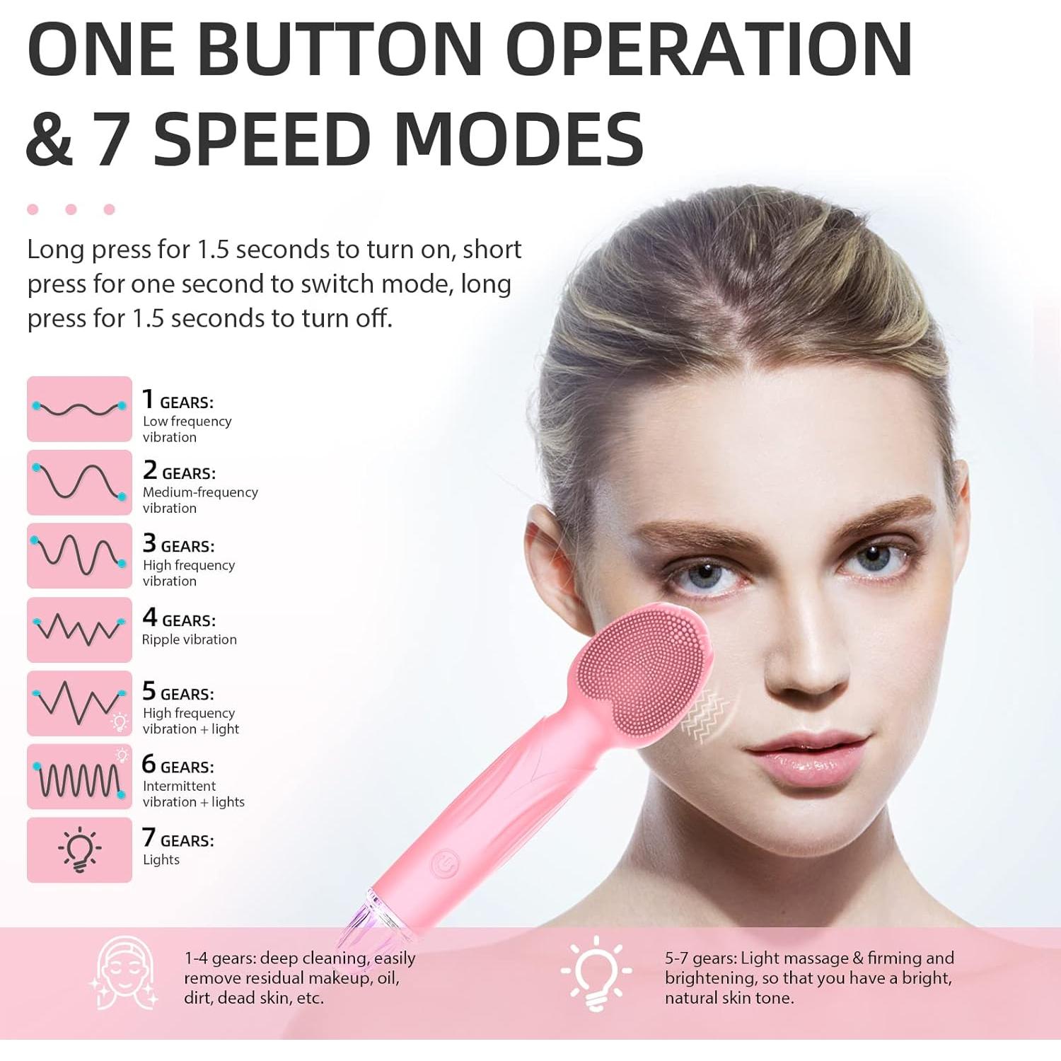 Cepillo Facial de Limpieza TOPQIAO Rosa Impermeable USB 7 Modos