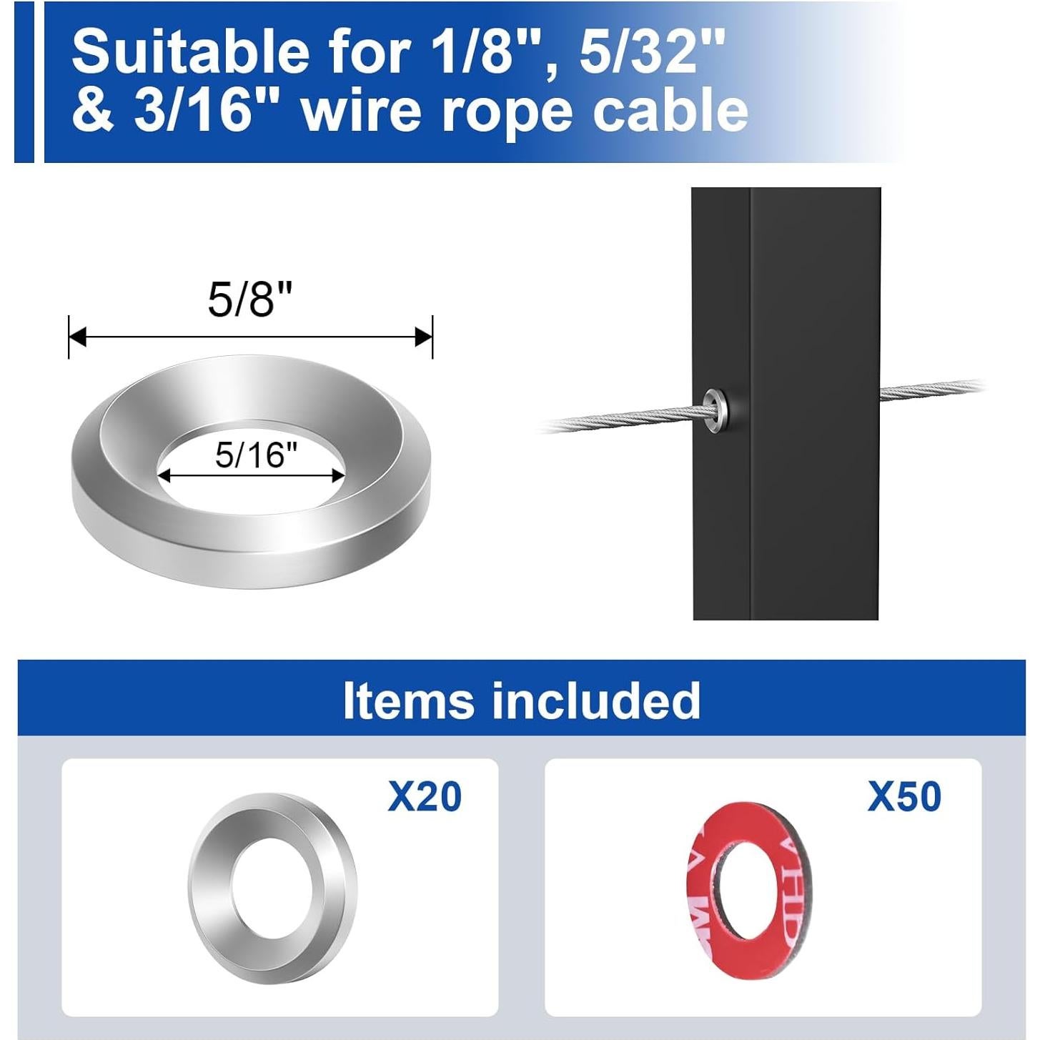 Mangas Adhesivas BLIKA para Barandilla de Cable 20 Pack Acero Inoxidable