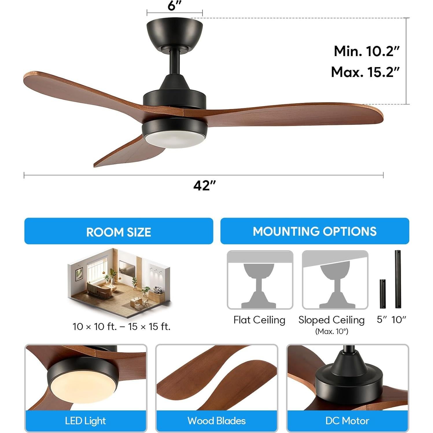 Ventilador de Techo Vonluce 42" con Luz y Control Remoto Negro