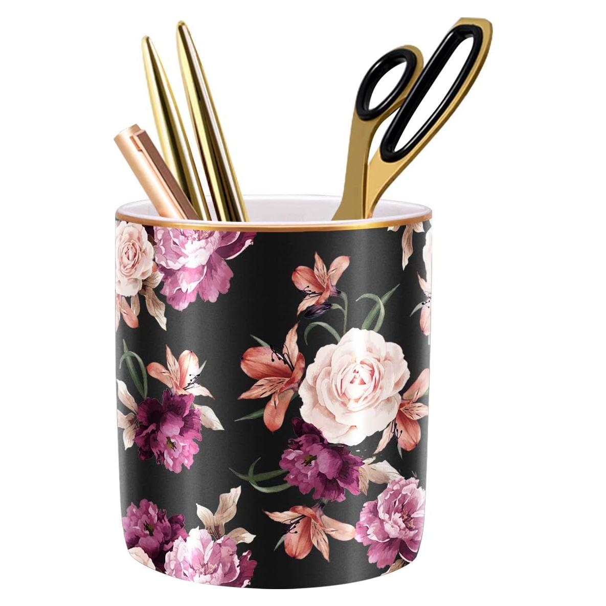 Soporte para Lápices WAVEYU Cerámica Negra Diseño Floral