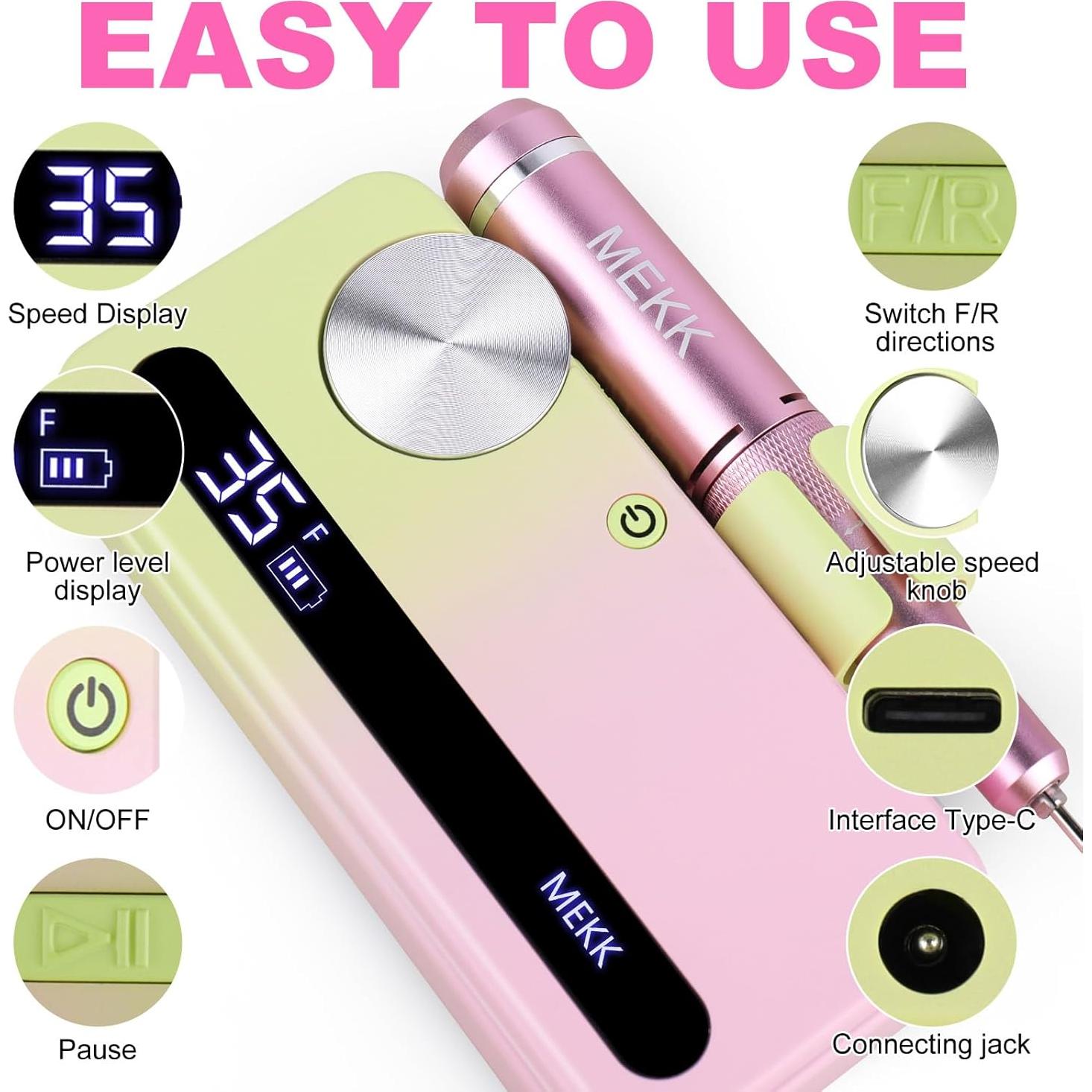 Taladro de Uñas Eléctrico MEKK 35000RPM con 12 Piezas