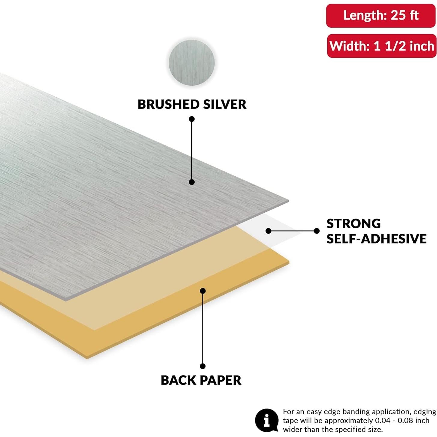 Banda de Biselado Autoadhesiva PVC Plateado Cepillado 3.81 cm x 7.62 m