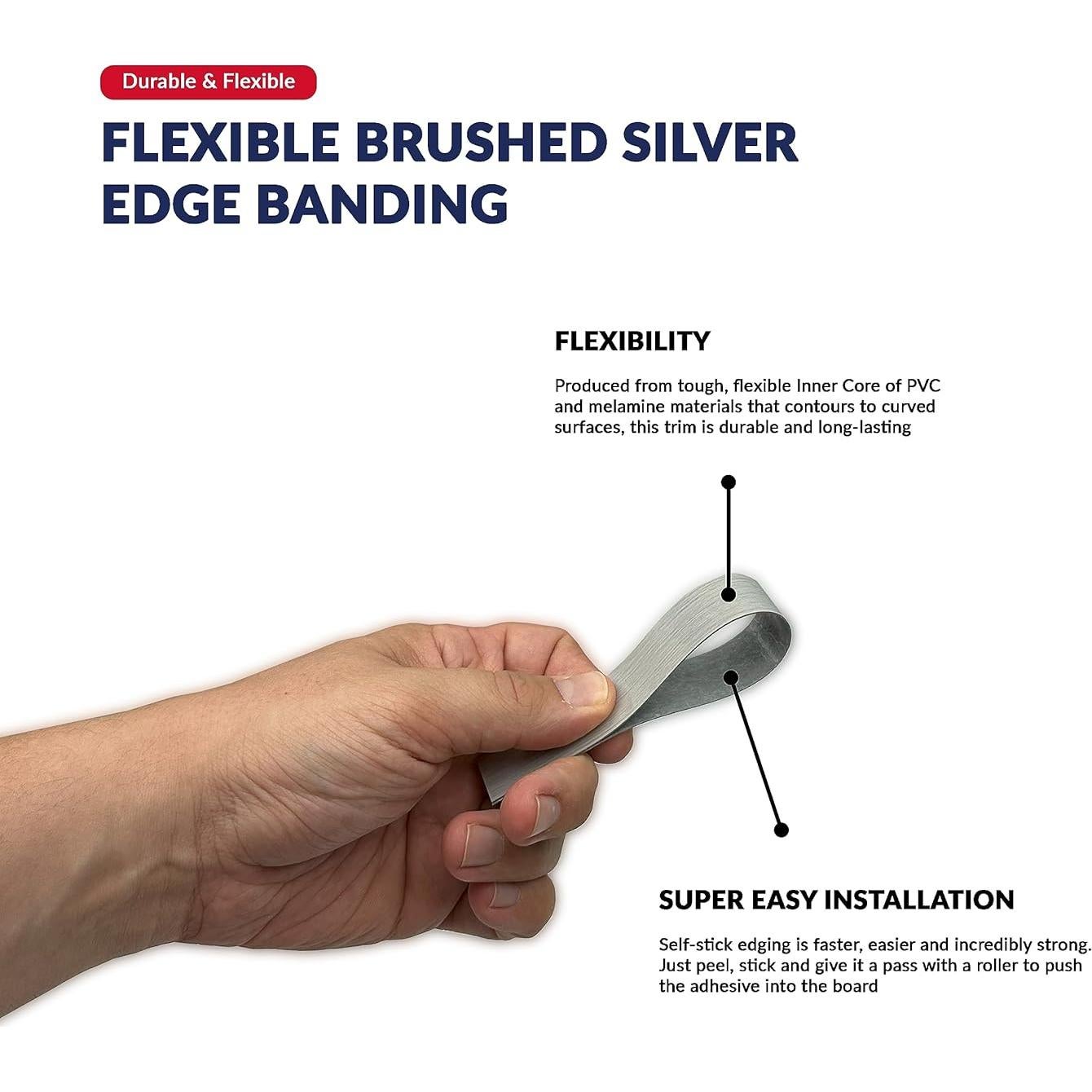 Banda de Biselado Autoadhesiva PVC Plateado Cepillado 3.81 cm x 7.62 m