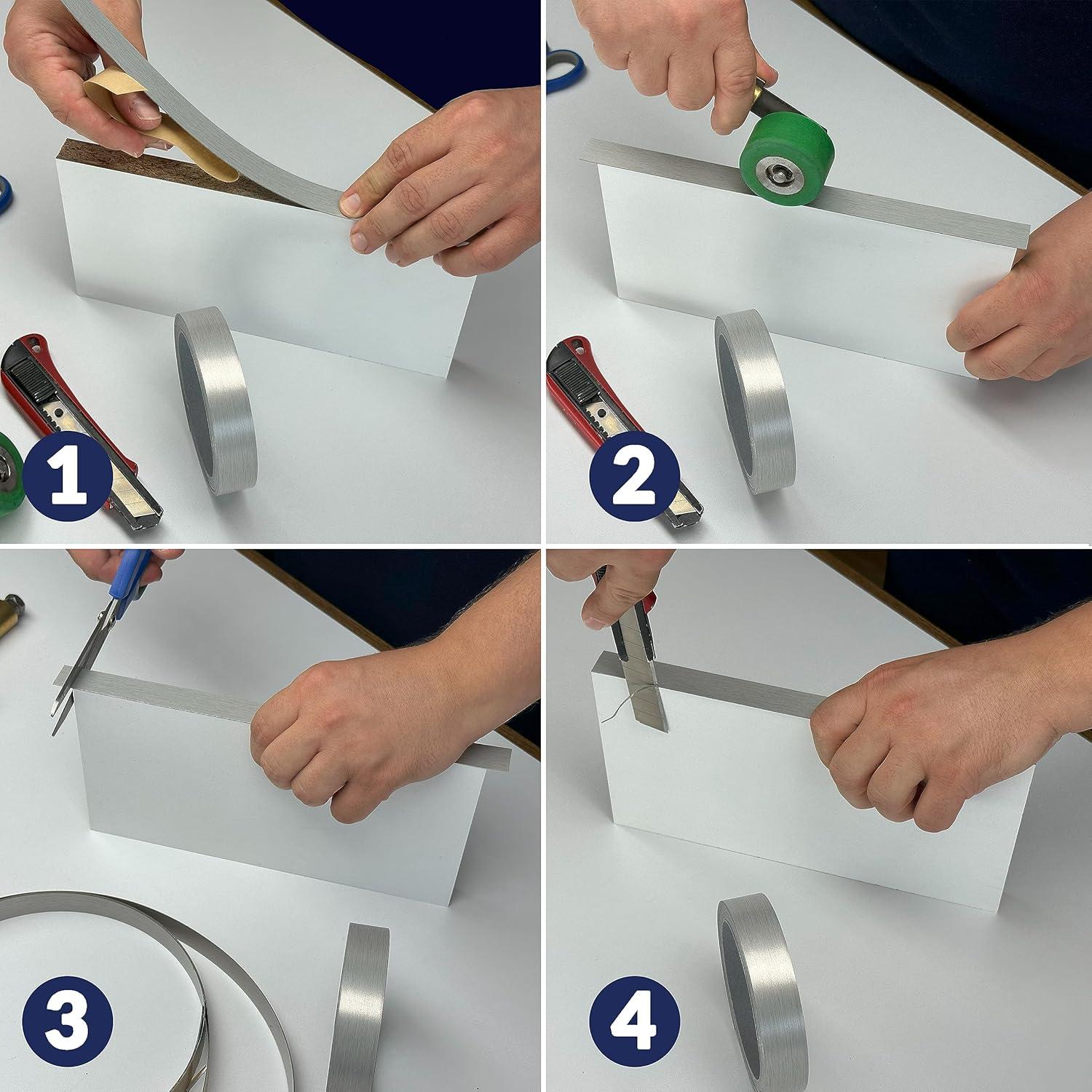 Banda de Biselado Autoadhesiva PVC Plateado Cepillado 3.81 cm x 7.62 m