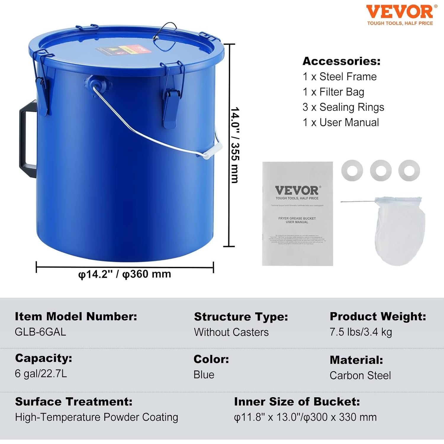 Cubo de Grasa VEVOR 6 Galones Acero al Carbono Azul