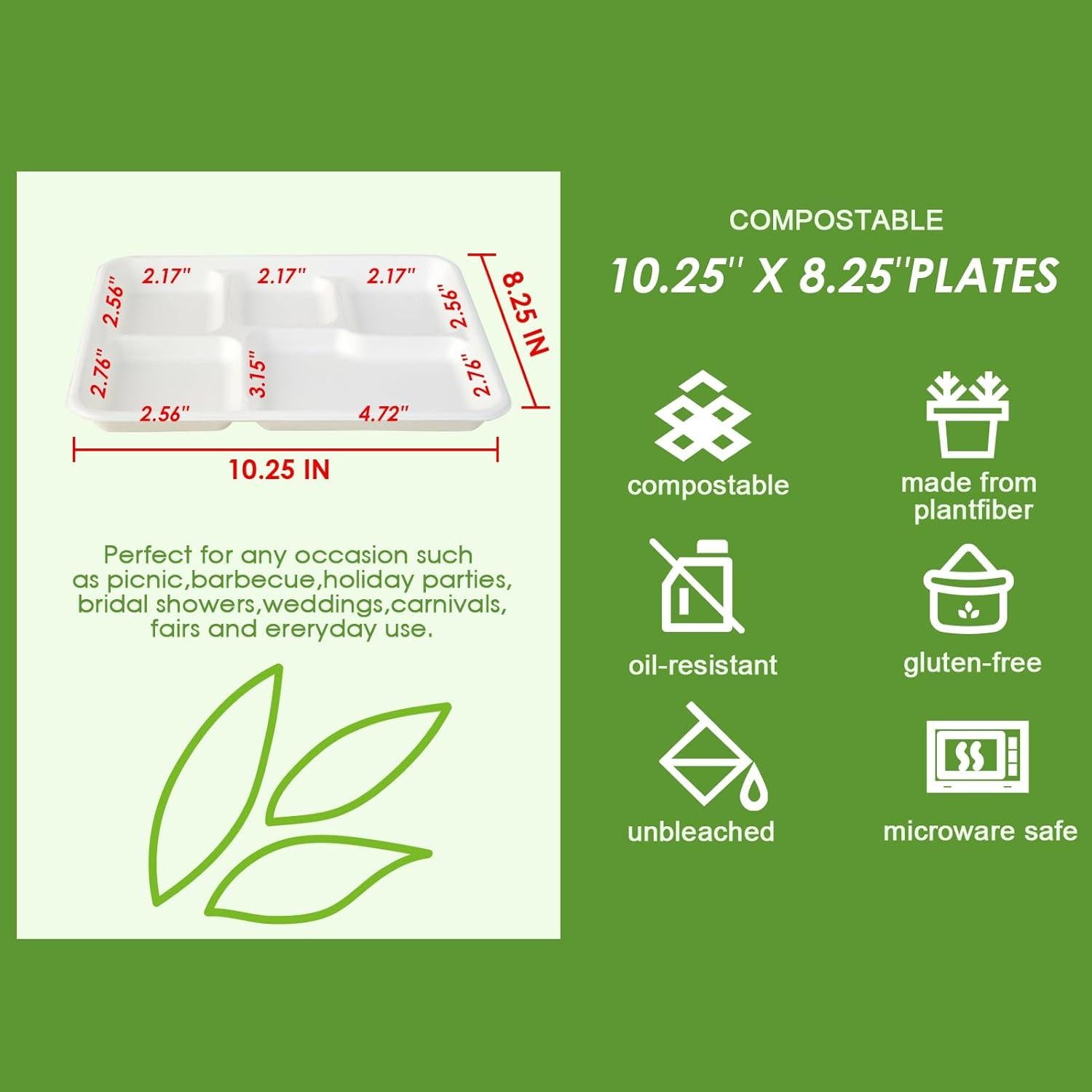 Platos Divididos Compostables Vplus 125 Unidades 26 x 21 cm