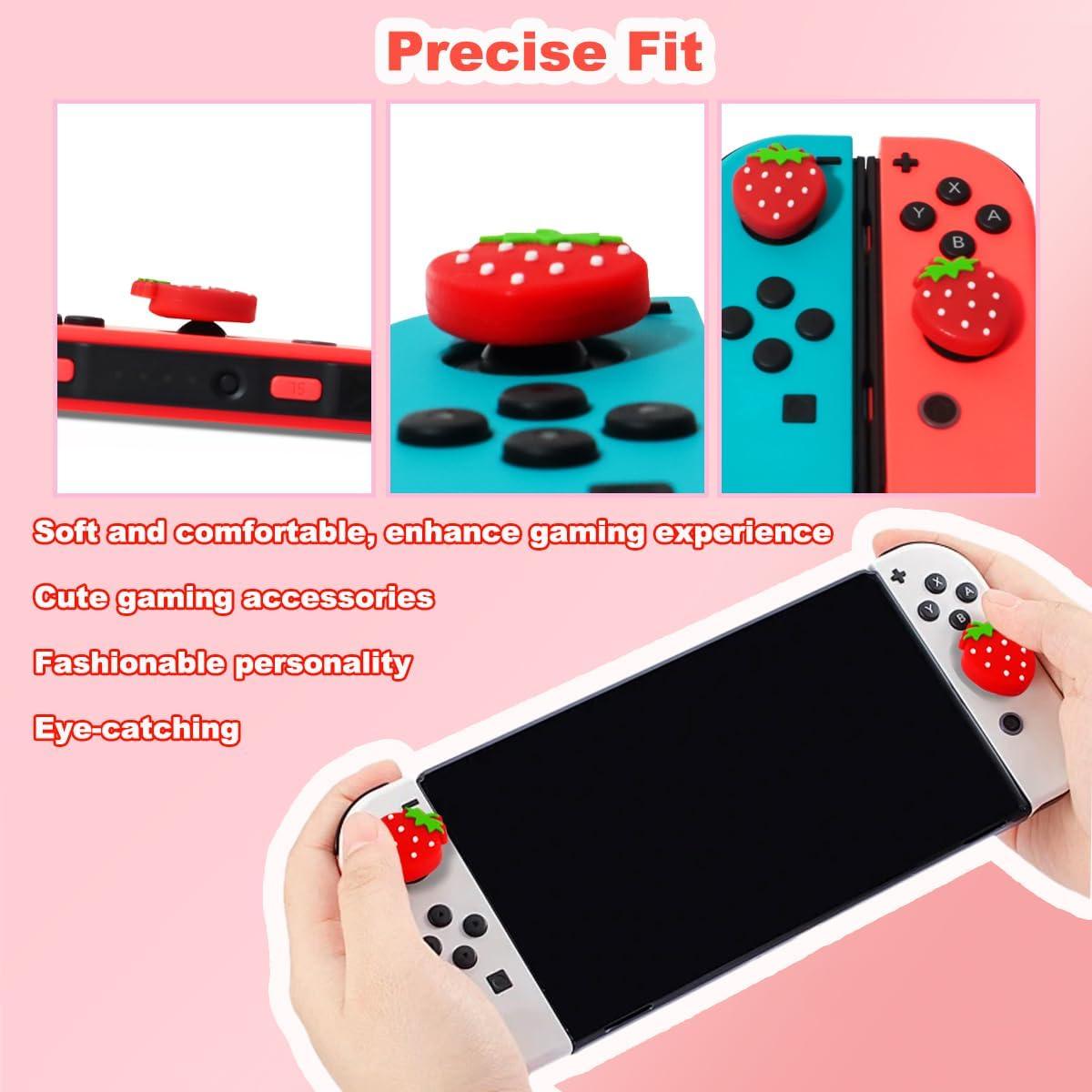 Cute Switch Joycon Thumb Grips Caps, Kawaii Strawberries Joystick Cover for Nintendo Switch/OLED/Lite, 4PCS Soft Silicone Joystick Caps (Red)