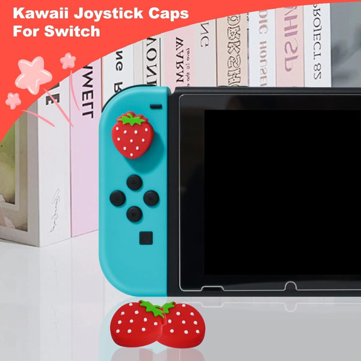 Cute Switch Joycon Thumb Grips Caps, Kawaii Strawberries Joystick Cover for Nintendo Switch/OLED/Lite, 4PCS Soft Silicone Joystick Caps (Red)