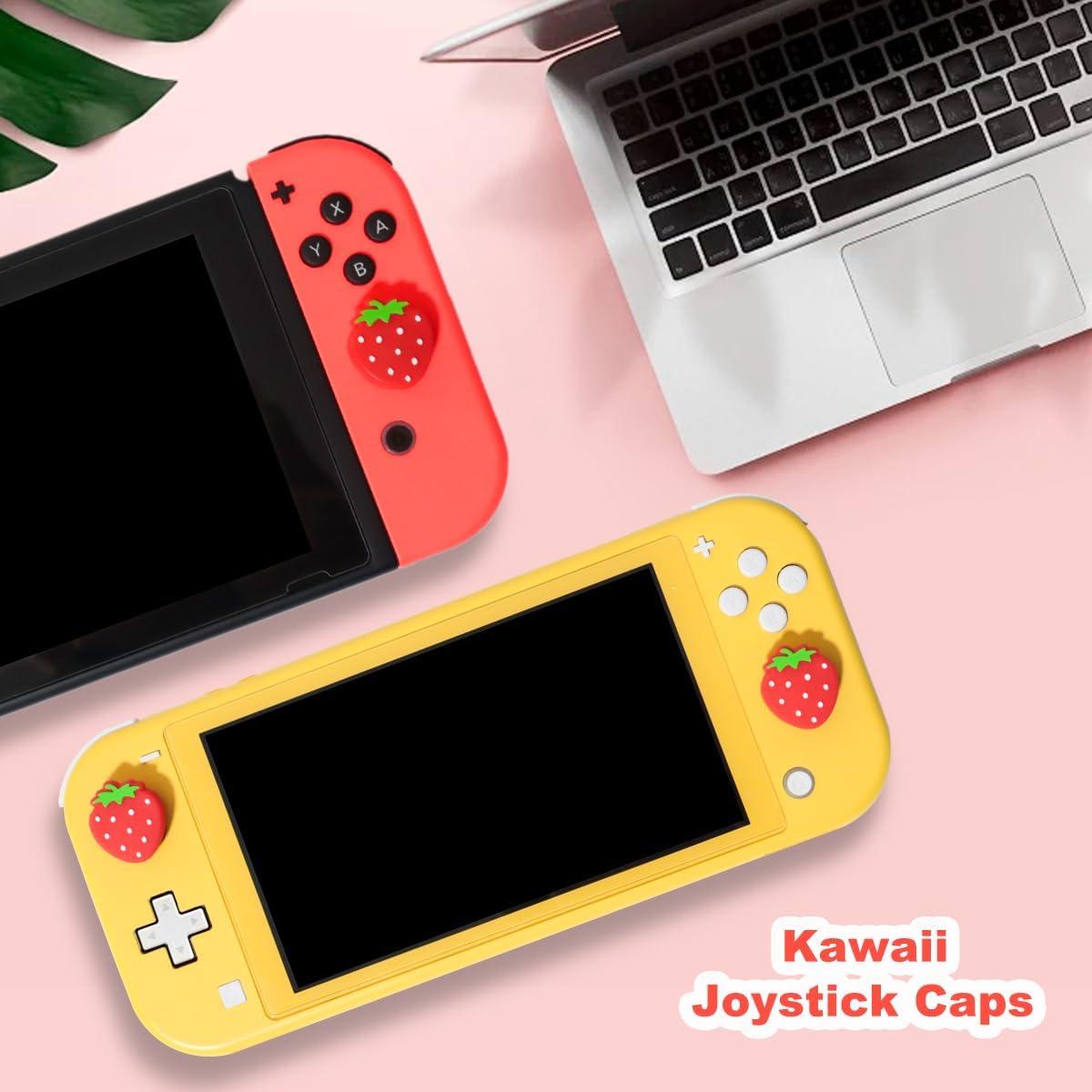 Cute Switch Joycon Thumb Grips Caps, Kawaii Strawberries Joystick Cover for Nintendo Switch/OLED/Lite, 4PCS Soft Silicone Joystick Caps (Red)