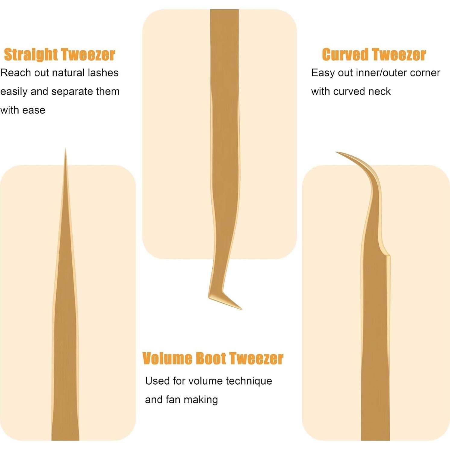 Juego de Pinzas para Pestañas POCMKO Dorado 3 PZS Acero Inoxidable