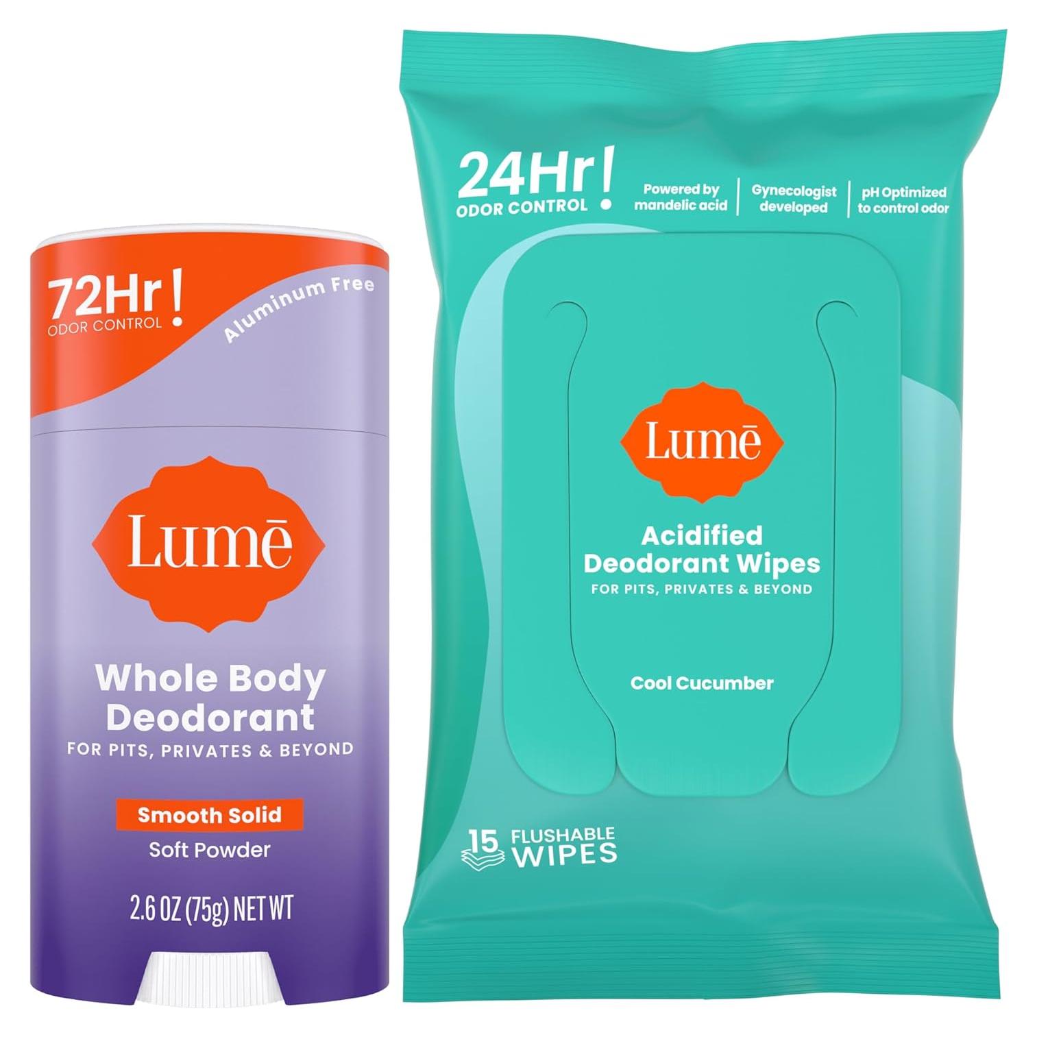 Desodorante Corporal Lume Barra Suave 74g y Toallitas 15 Unidades