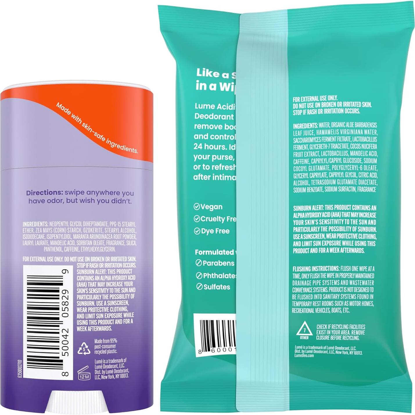 Desodorante Corporal Lume Barra Suave 74g y Toallitas 15 Unidades