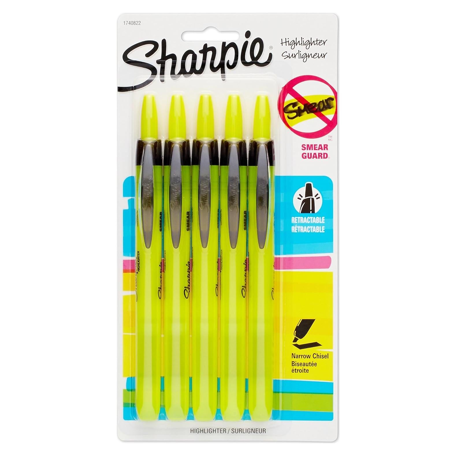 Marcadores Resaltadores Retráctiles Sharpie Amarillo Fluorescente 5 Unidades