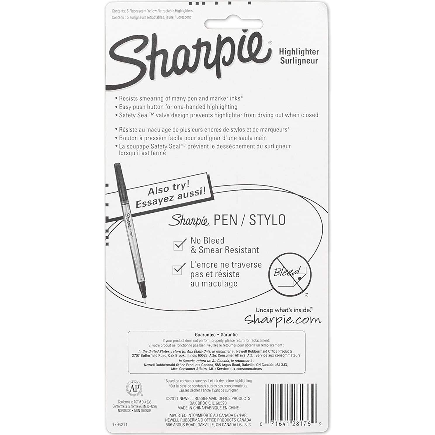 Marcadores Resaltadores Retráctiles Sharpie Amarillo Fluorescente 5 Unidades