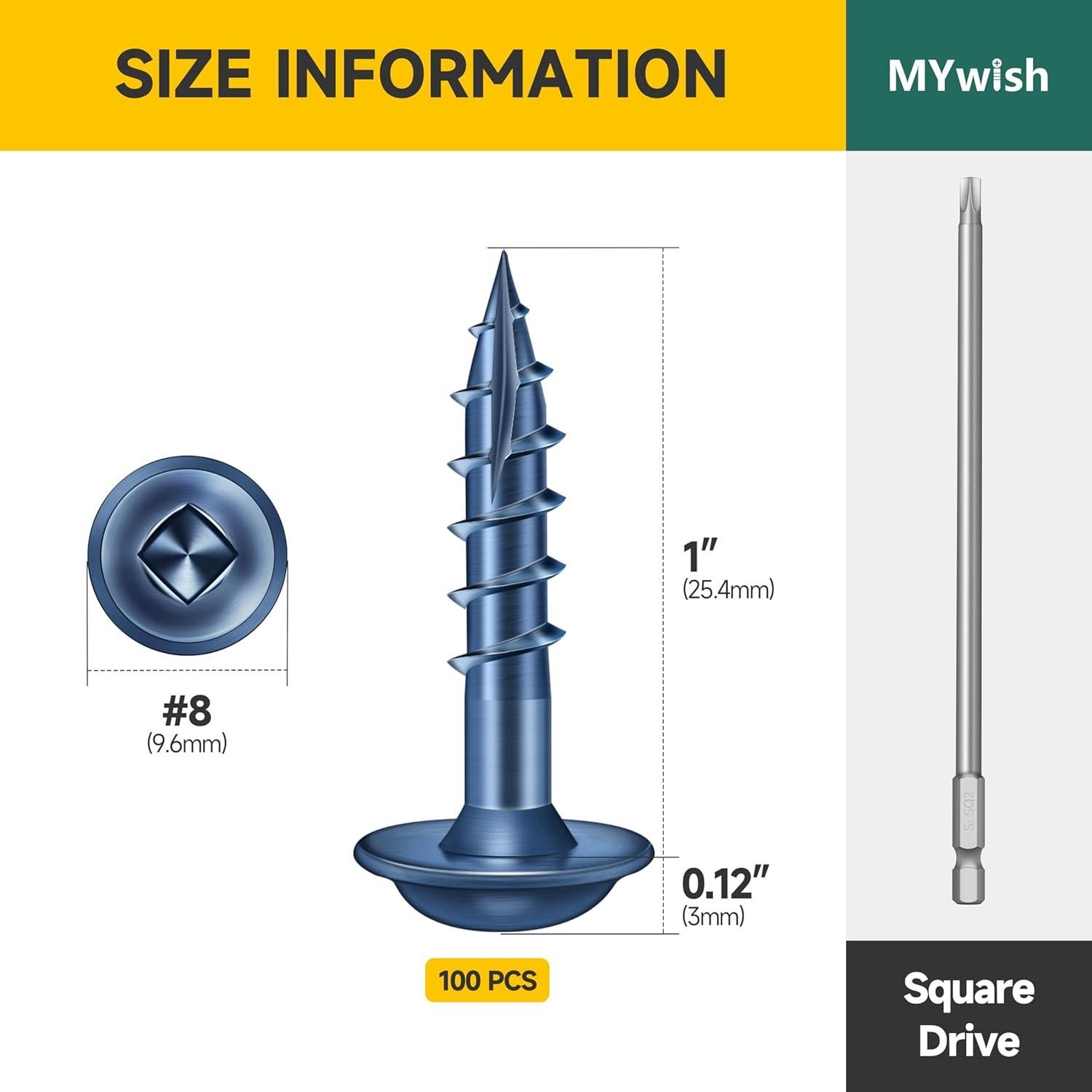 Tornillos de Agujero de Bolsillo Mywish #8 x 25mm - 100 Pcs